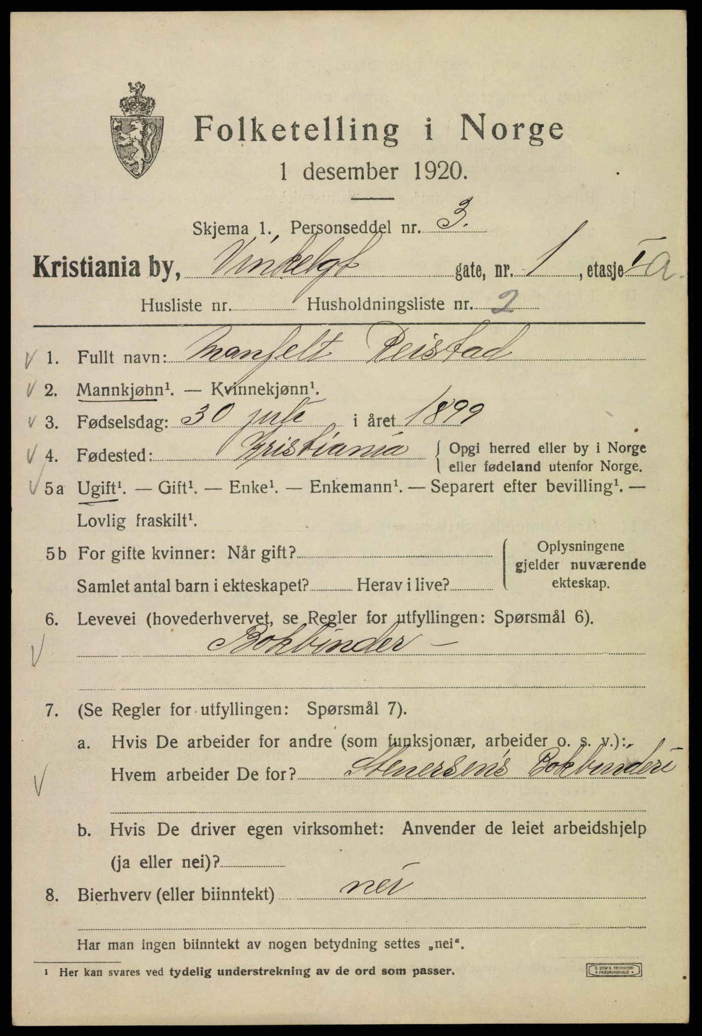 SAO, 1920 census for Kristiania, 1920, p. 636803