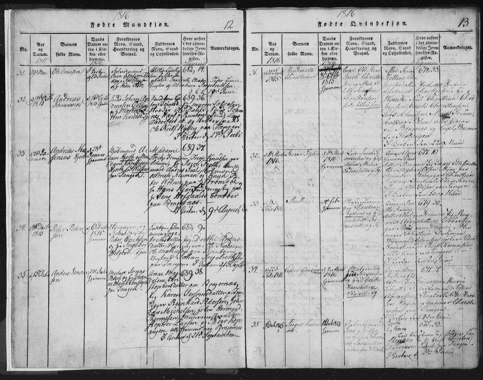 Strømsø kirkebøker, AV/SAKO-A-246/F/Fb/L0004: Parish register (official) no. II 4, 1814-1843, p. 12-13
