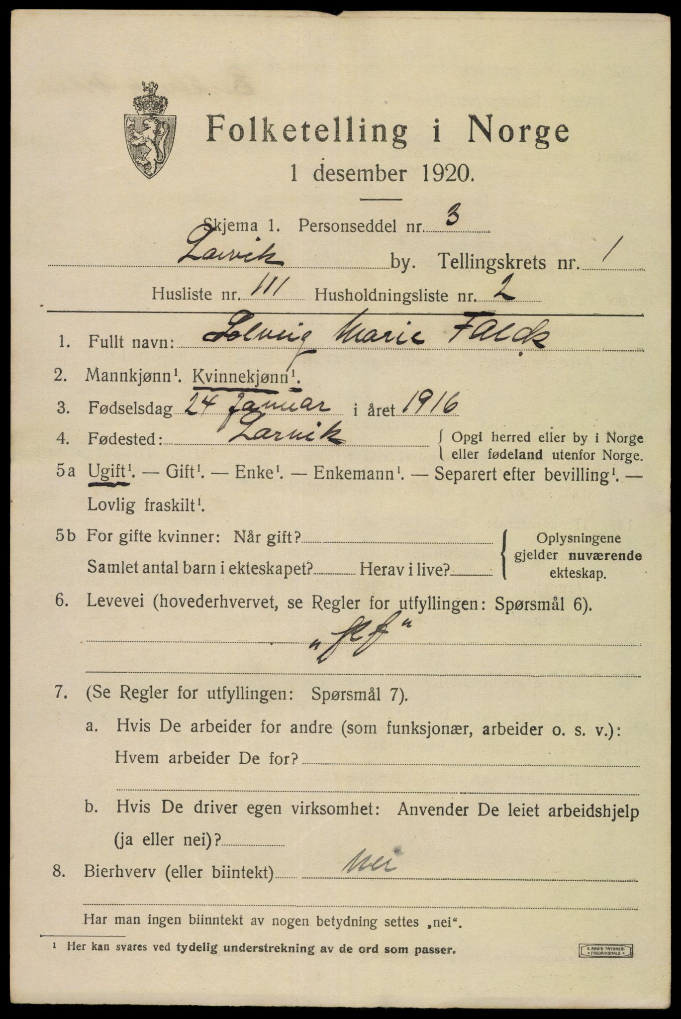 SAKO, 1920 census for Larvik, 1920, p. 10320