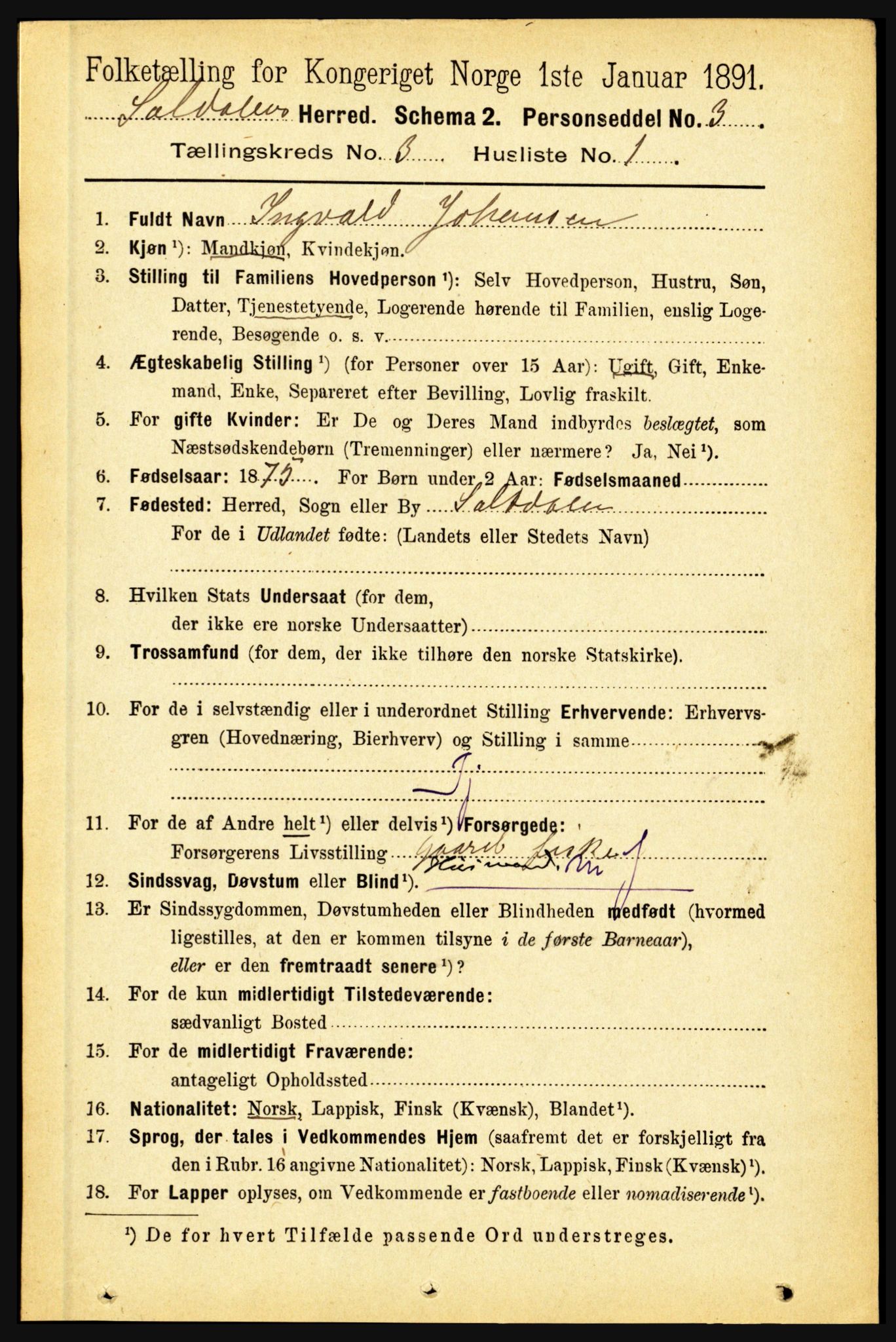 RA, 1891 census for 1840 Saltdal, 1891, p. 1661