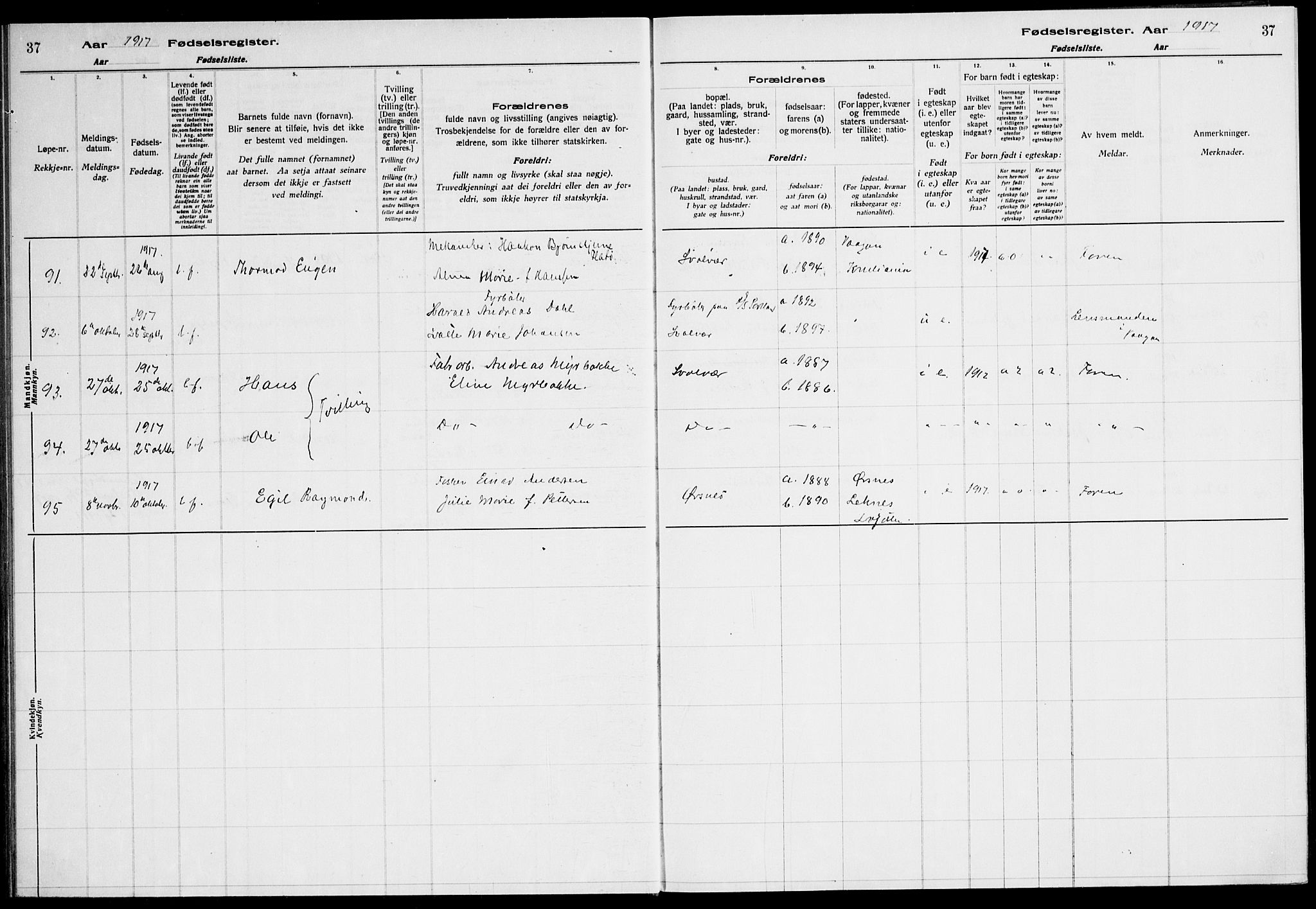 Ministerialprotokoller, klokkerbøker og fødselsregistre - Nordland, AV/SAT-A-1459/874/L1089: Birth register no. 874.II.4.1, 1916-1926, p. 37