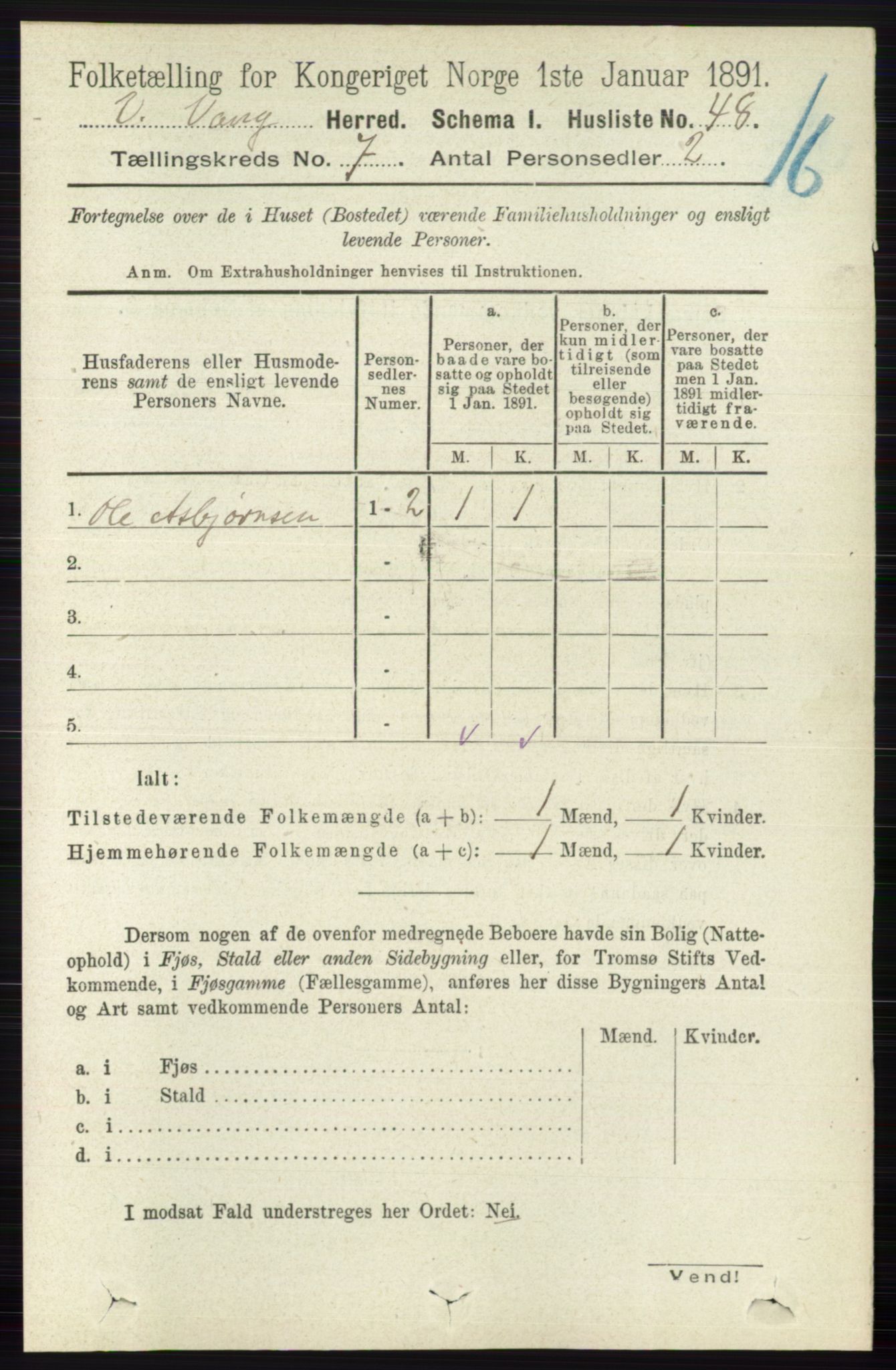 RA, 1891 census for 0545 Vang, 1891, p. 1411