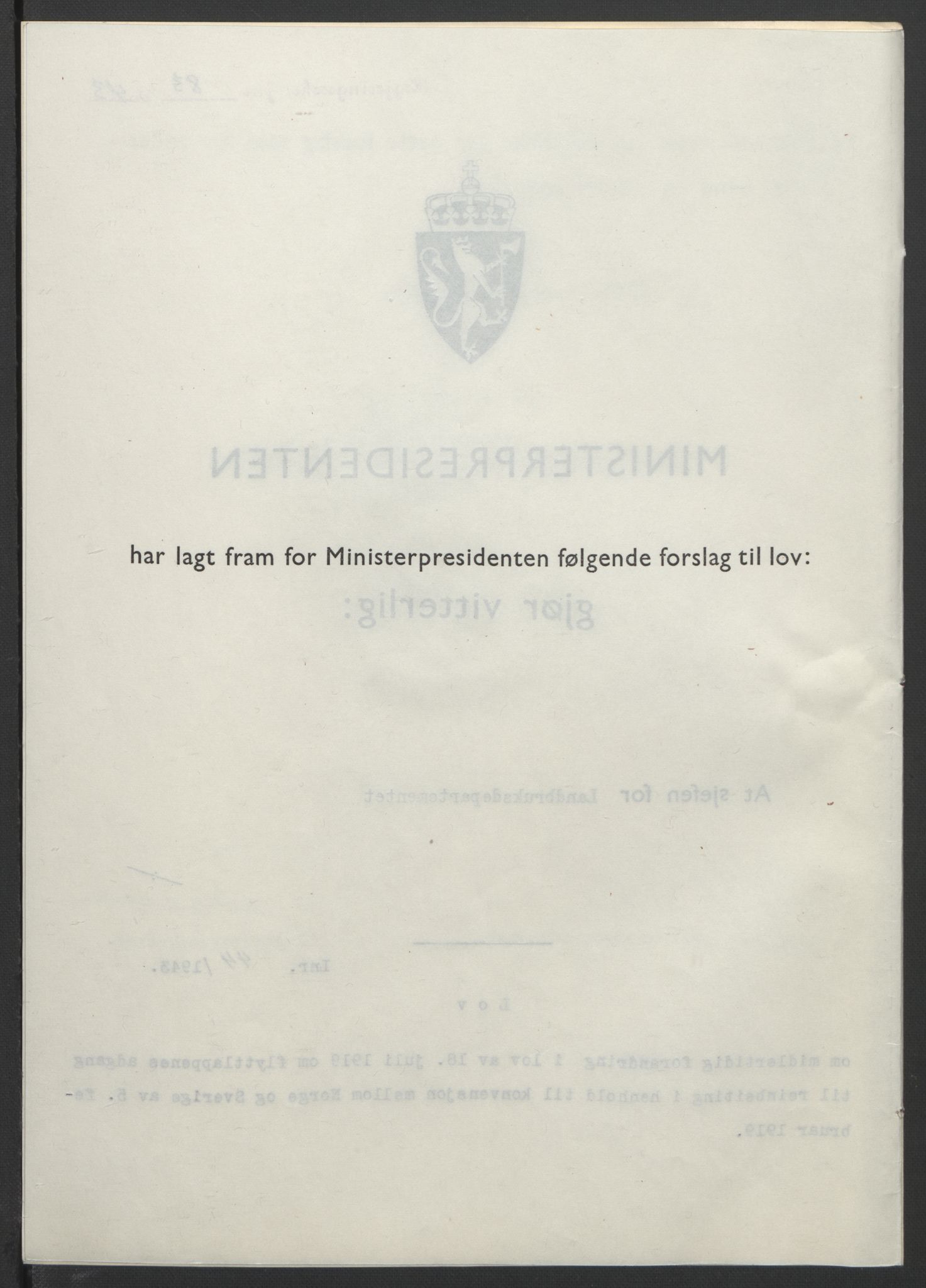 NS-administrasjonen 1940-1945 (Statsrådsekretariatet, de kommisariske statsråder mm), RA/S-4279/D/Db/L0099: Lover, 1943, p. 193