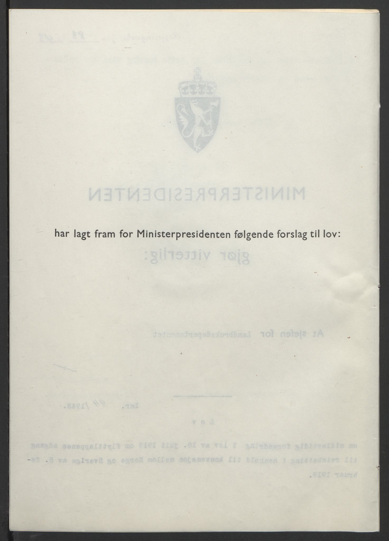 NS-administrasjonen 1940-1945 (Statsrådsekretariatet, de kommisariske statsråder mm), AV/RA-S-4279/D/Db/L0099: Lover, 1943, p. 193