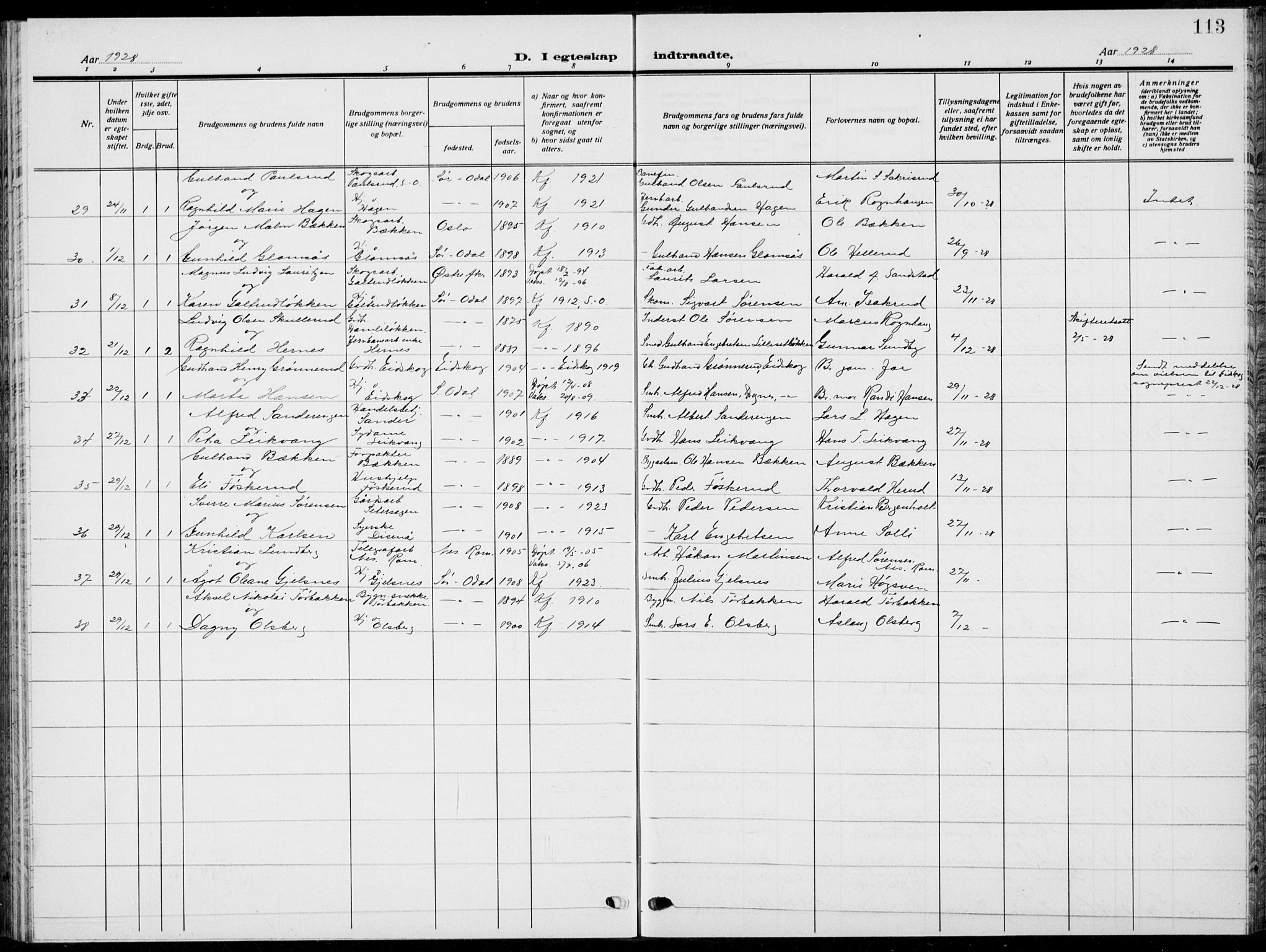 Sør-Odal prestekontor, AV/SAH-PREST-030/H/Ha/Hab/L0011: Parish register (copy) no. 11, 1922-1939, p. 113