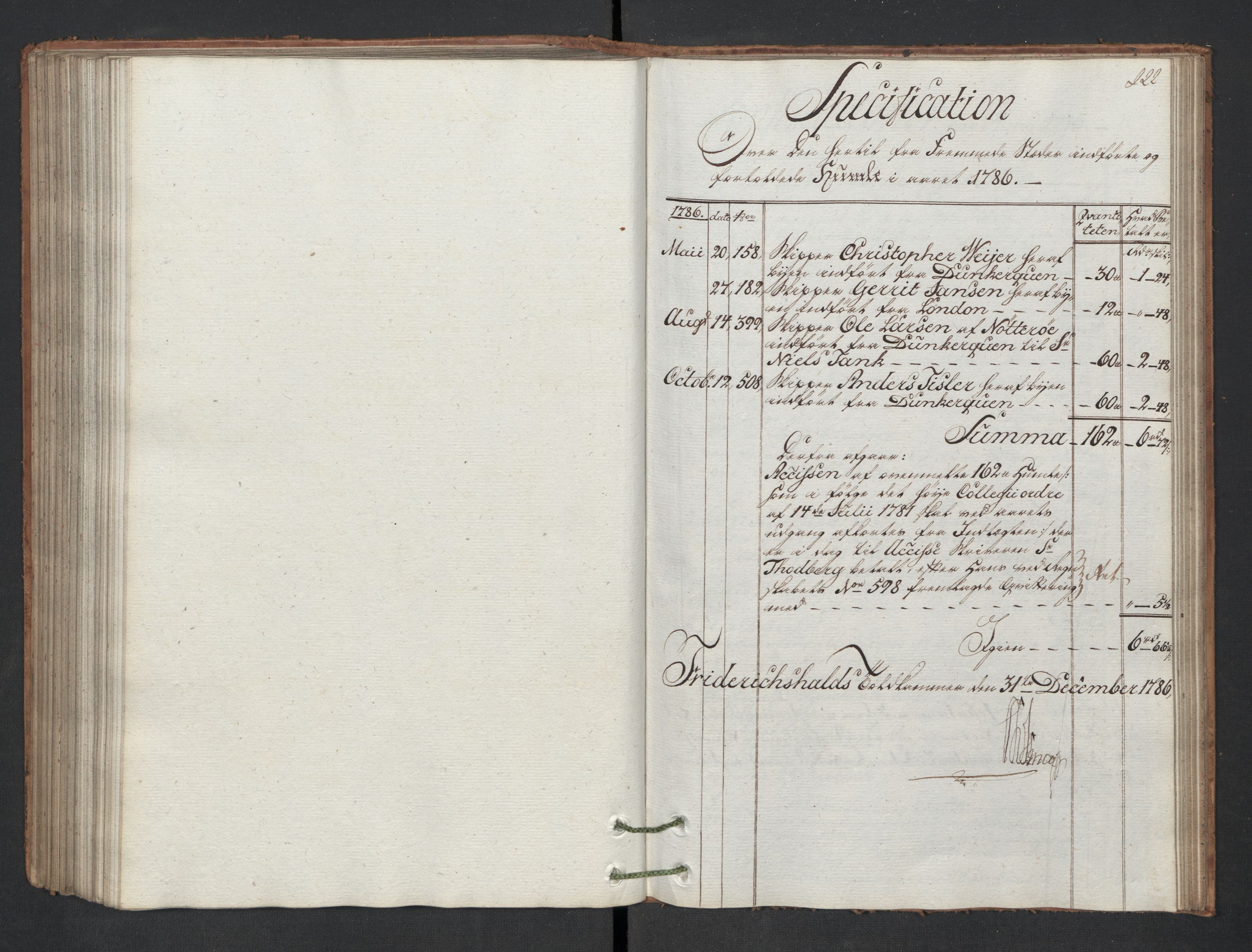 Generaltollkammeret, tollregnskaper, AV/RA-EA-5490/R01/L0130/0001: Tollregnskaper Fredrikshald / Inngående hovedtollbok, 1786, p. 221b-222a