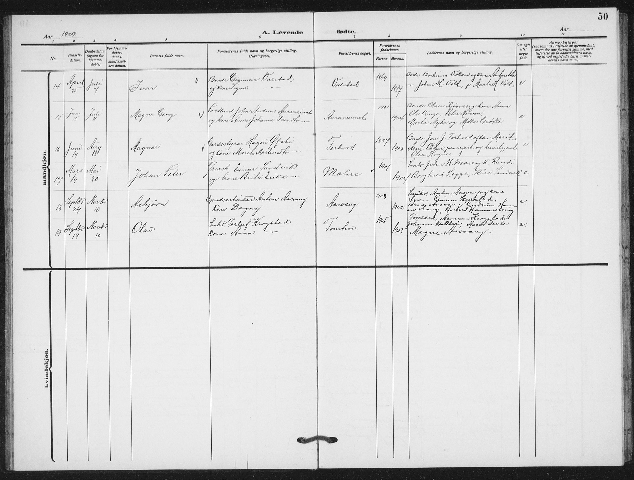 Ministerialprotokoller, klokkerbøker og fødselsregistre - Nord-Trøndelag, AV/SAT-A-1458/712/L0104: Parish register (copy) no. 712C02, 1917-1939, p. 50