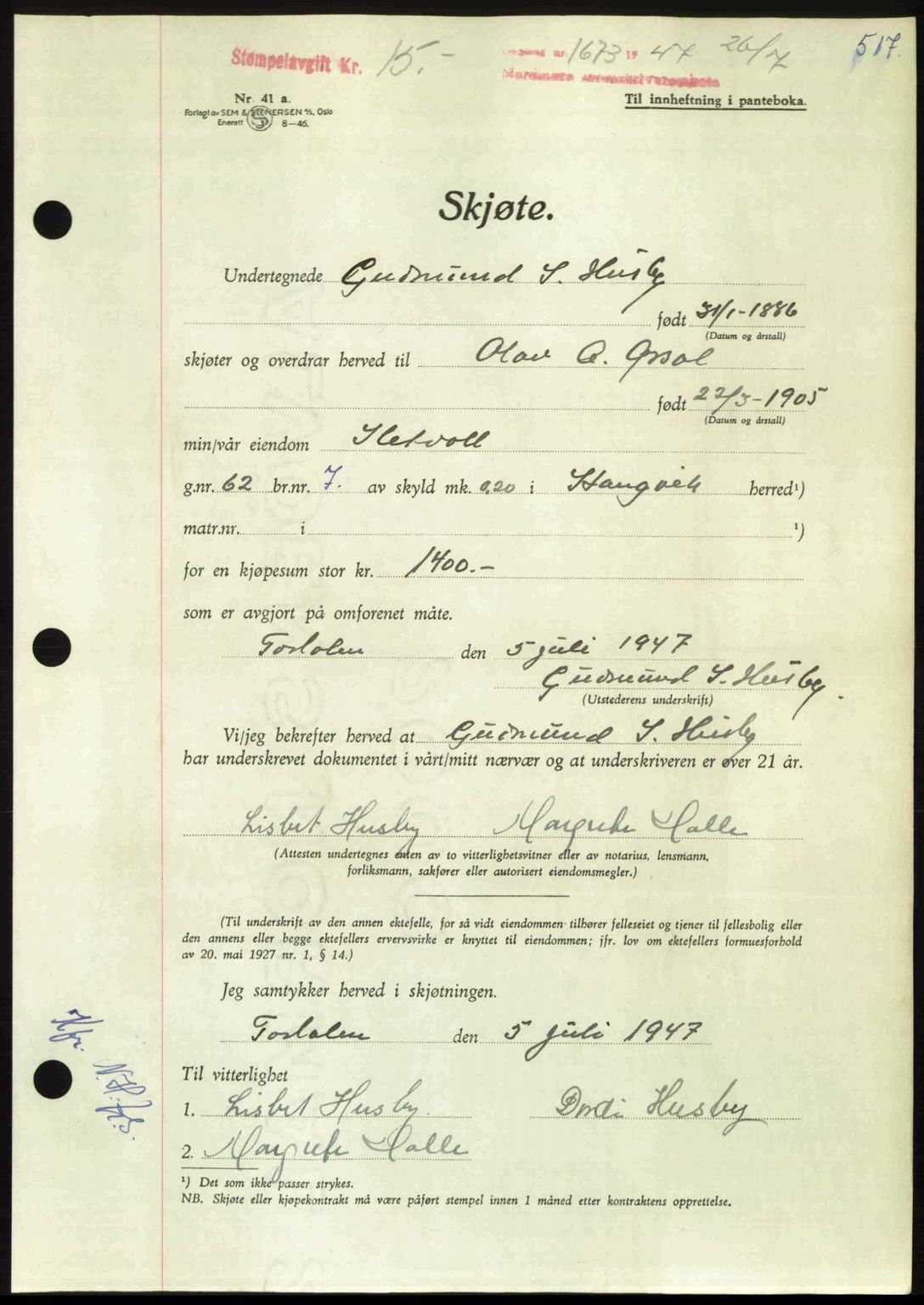 Nordmøre sorenskriveri, AV/SAT-A-4132/1/2/2Ca: Mortgage book no. A105, 1947-1947, Diary no: : 1673/1947