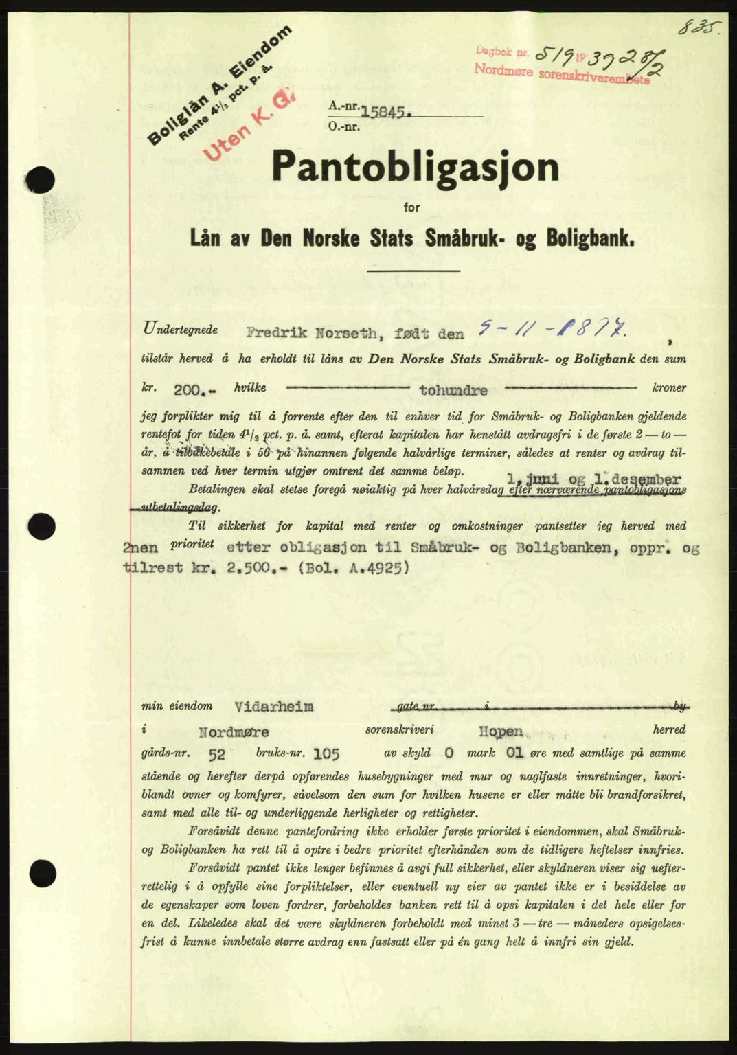 Nordmøre sorenskriveri, SAT/A-4132/1/2/2Ca: Mortgage book no. B84, 1938-1939, Diary no: : 519/1939