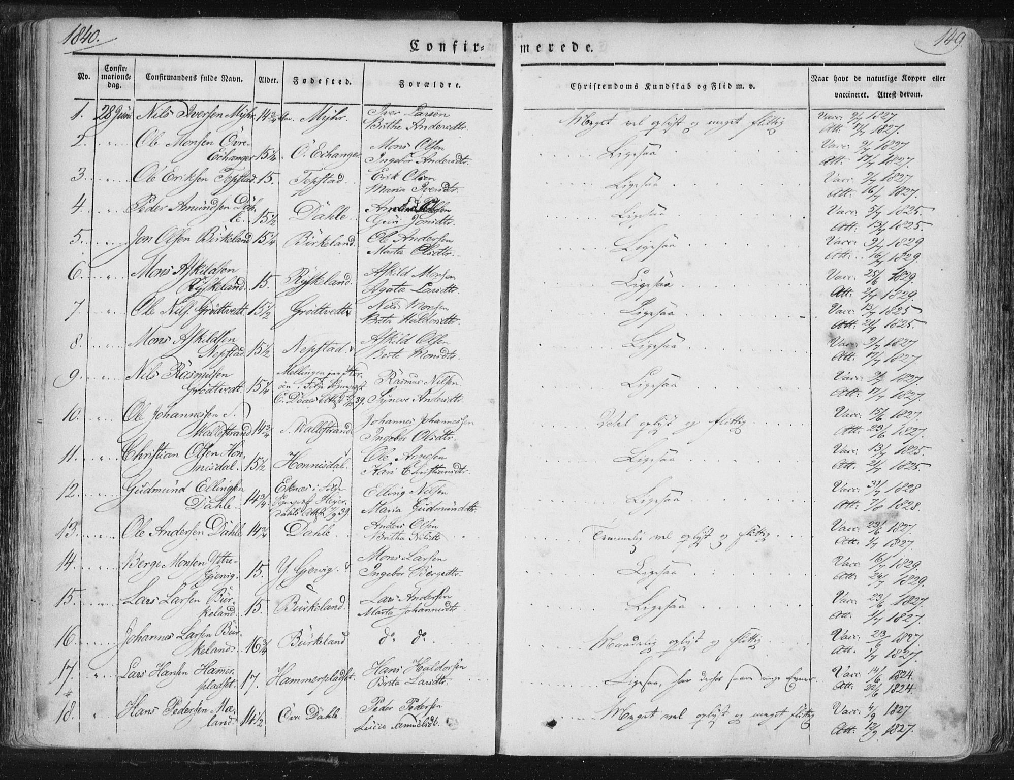 Hamre sokneprestembete, SAB/A-75501/H/Ha/Haa/Haaa/L0012: Parish register (official) no. A 12, 1834-1845, p. 149
