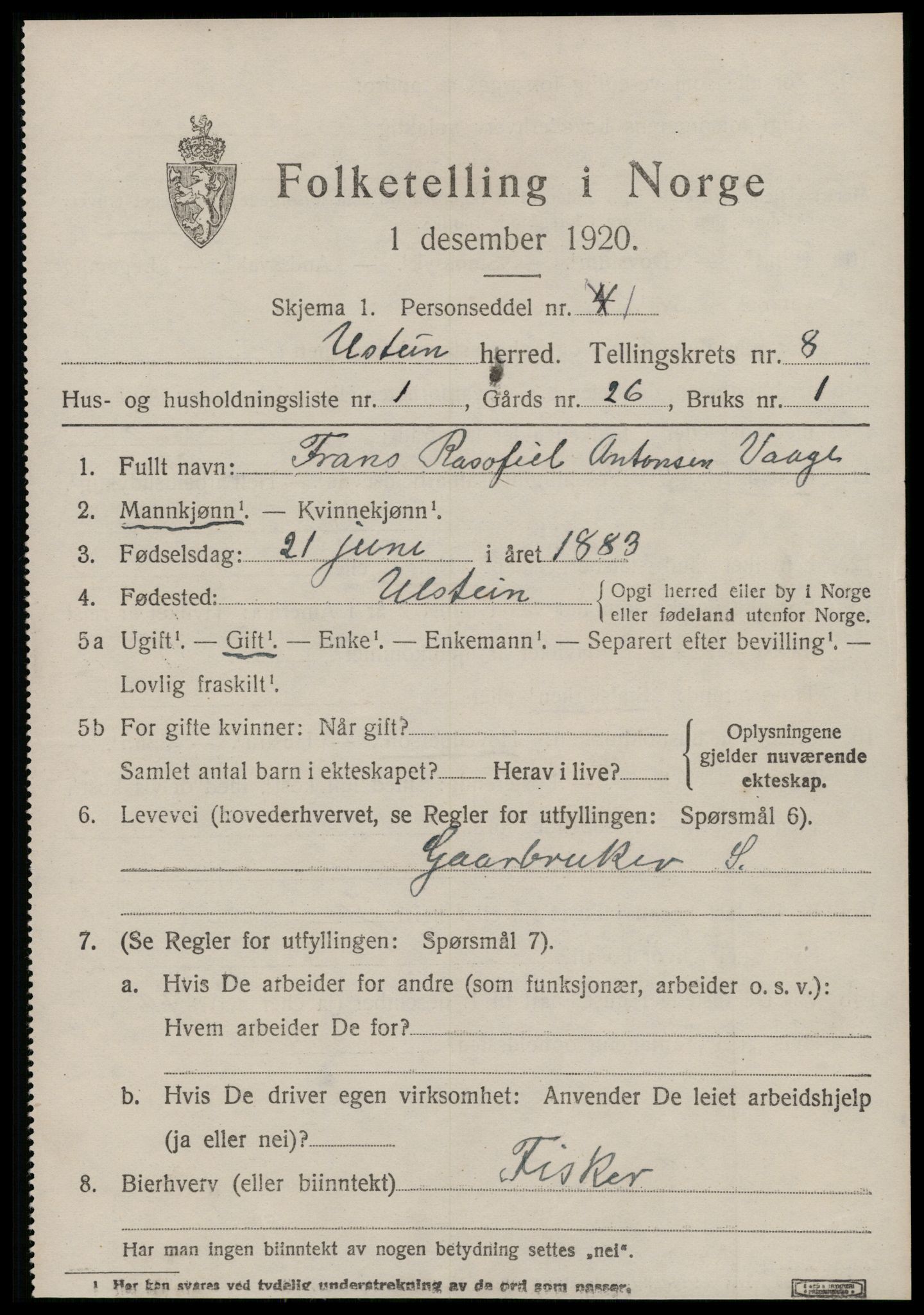 SAT, 1920 census for Ulstein, 1920, p. 4558