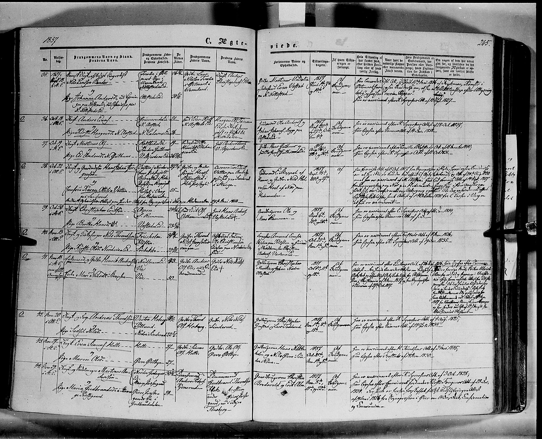 Stange prestekontor, SAH/PREST-002/K/L0012: Parish register (official) no. 12, 1852-1862, p. 265