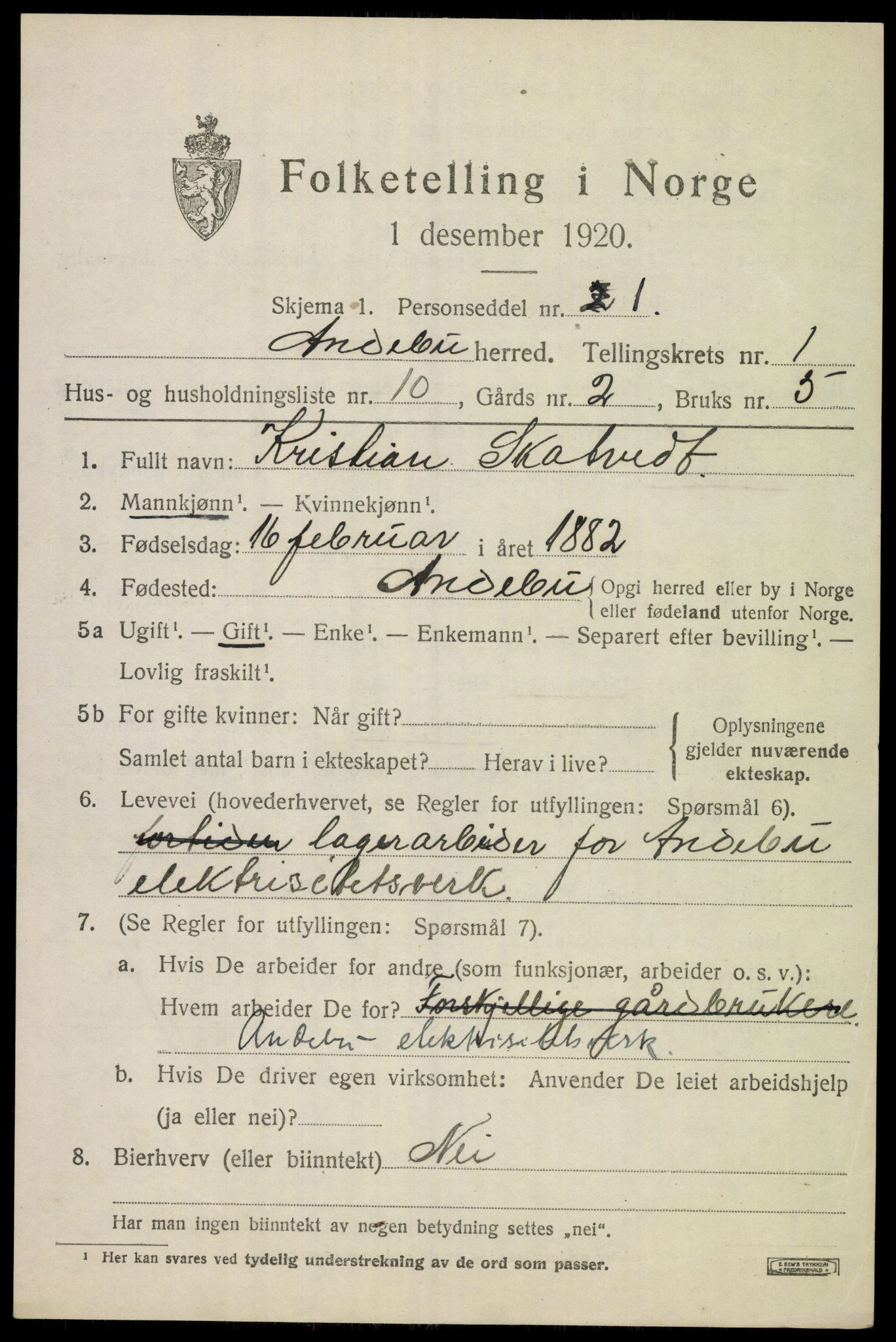 SAKO, 1920 census for Andebu, 1920, p. 1274