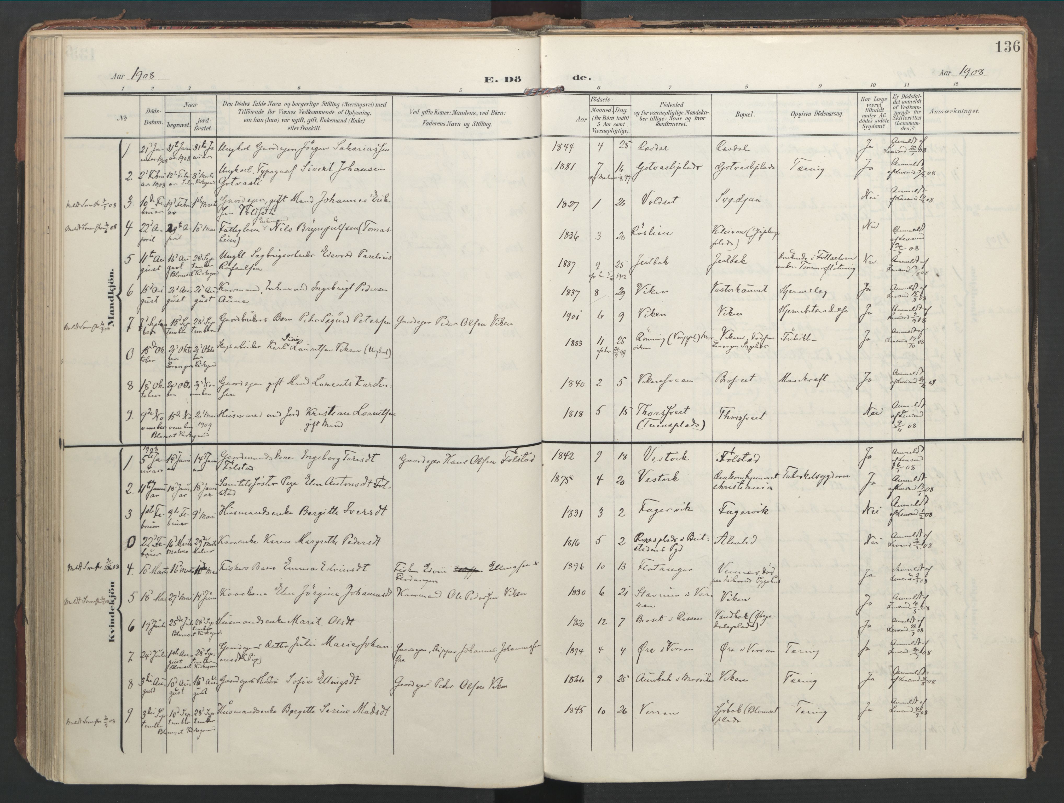 Ministerialprotokoller, klokkerbøker og fødselsregistre - Nord-Trøndelag, SAT/A-1458/744/L0421: Parish register (official) no. 744A05, 1905-1930, p. 136