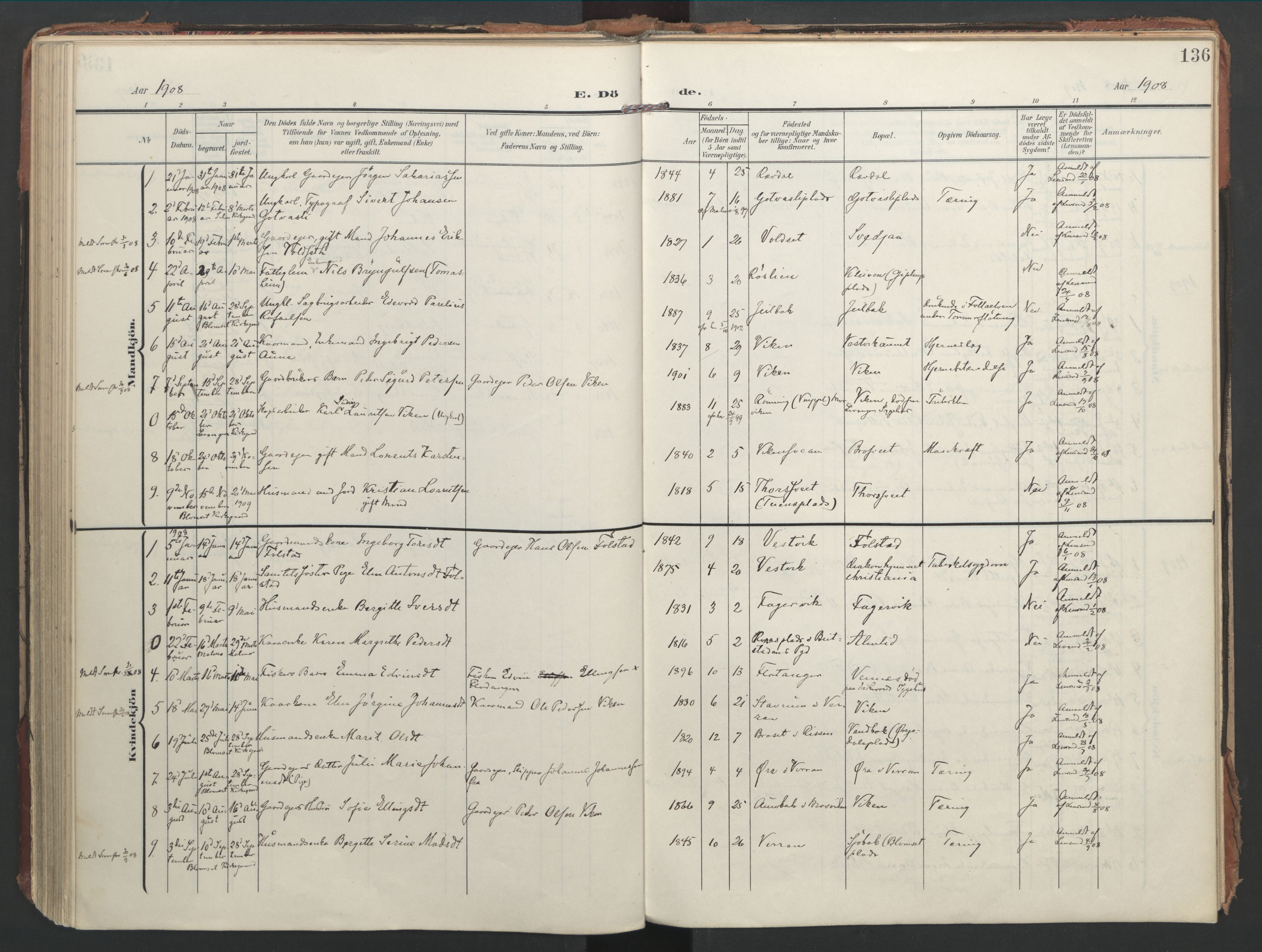 Ministerialprotokoller, klokkerbøker og fødselsregistre - Nord-Trøndelag, AV/SAT-A-1458/744/L0421: Parish register (official) no. 744A05, 1905-1930, p. 136