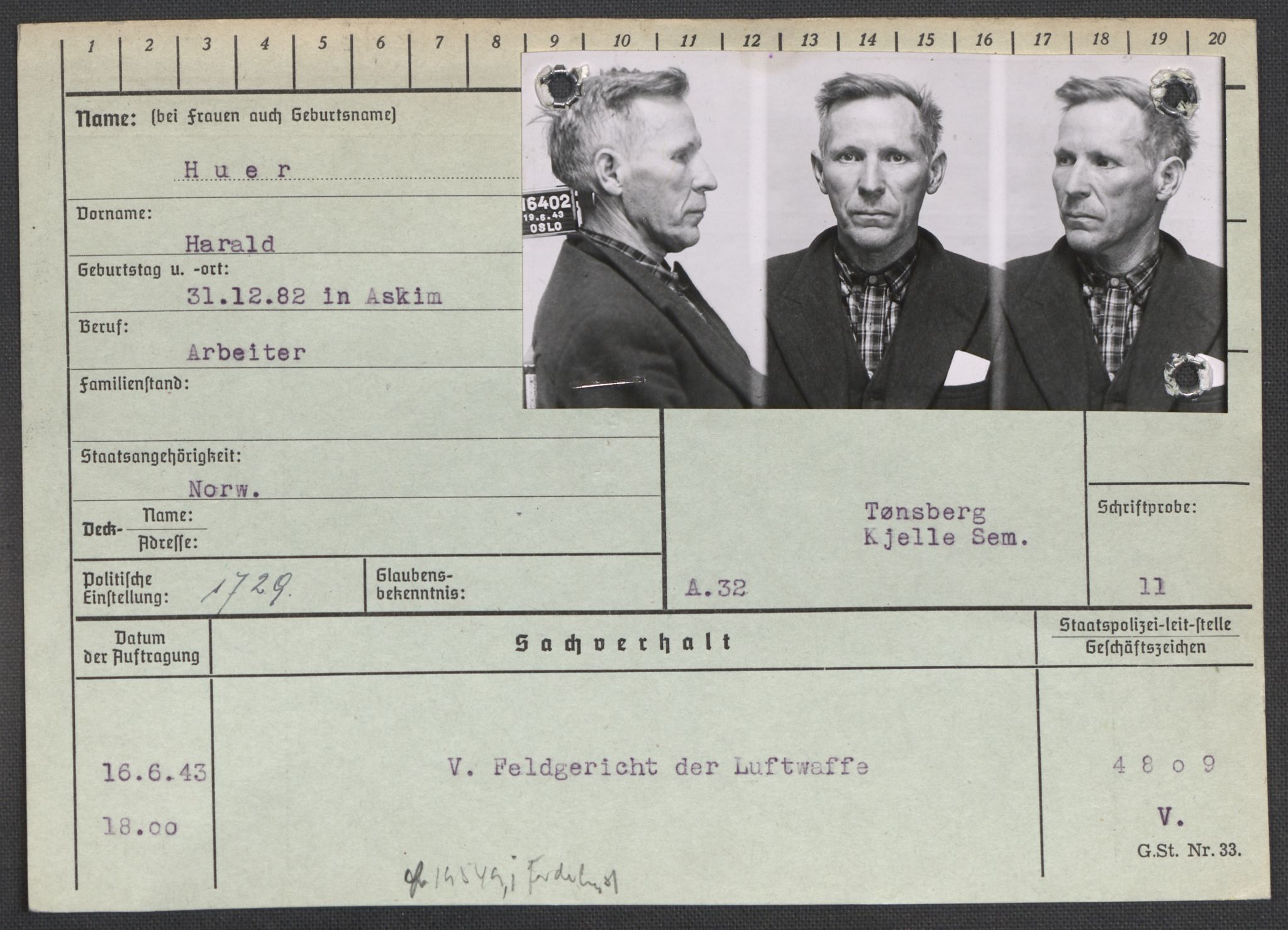 Befehlshaber der Sicherheitspolizei und des SD, RA/RAFA-5969/E/Ea/Eaa/L0004: Register over norske fanger i Møllergata 19: Hal-Hæ, 1940-1945, p. 1409