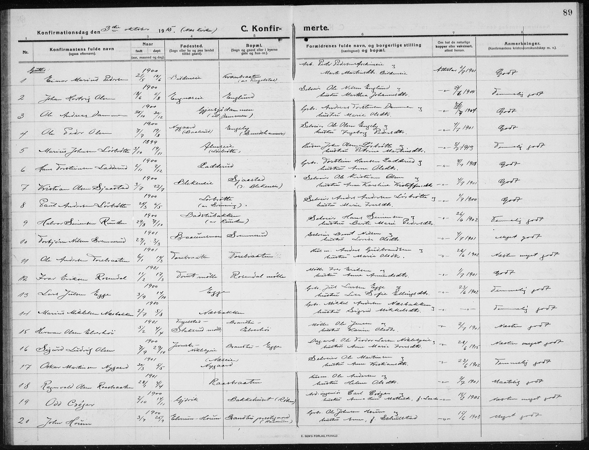Brandbu prestekontor, AV/SAH-PREST-114/H/Ha/Hab/L0001: Parish register (copy) no. 1, 1914-1937, p. 89