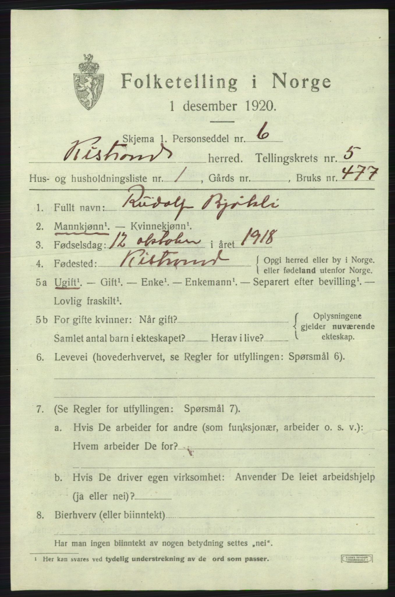 SATØ, 1920 census for Kistrand, 1920, p. 3086