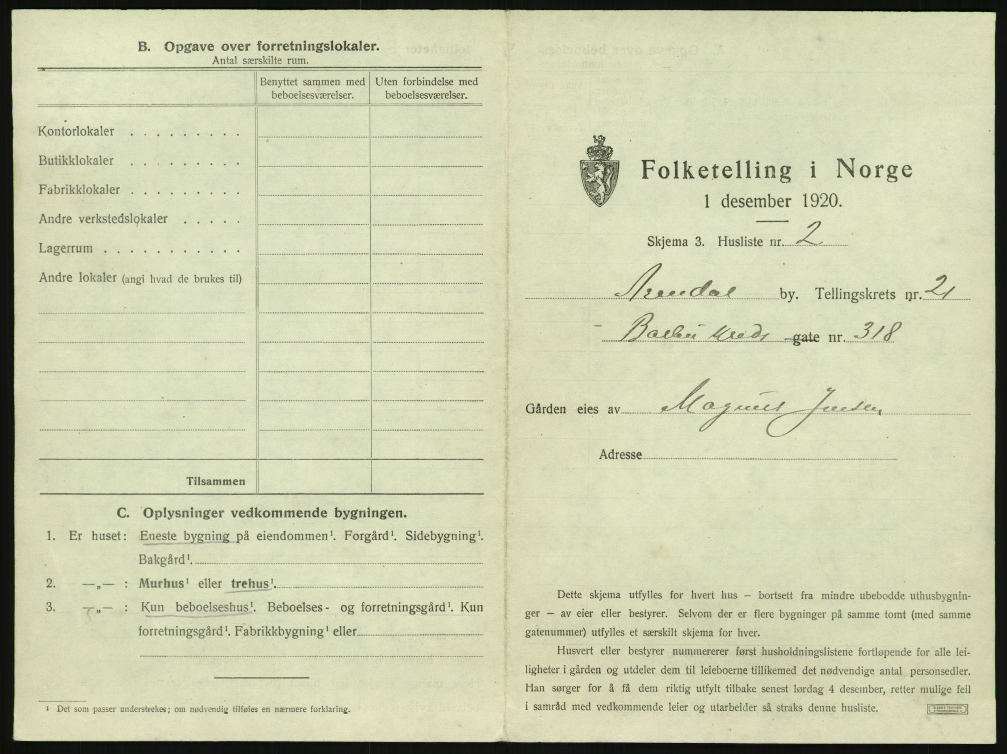 SAK, 1920 census for Arendal, 1920, p. 3230