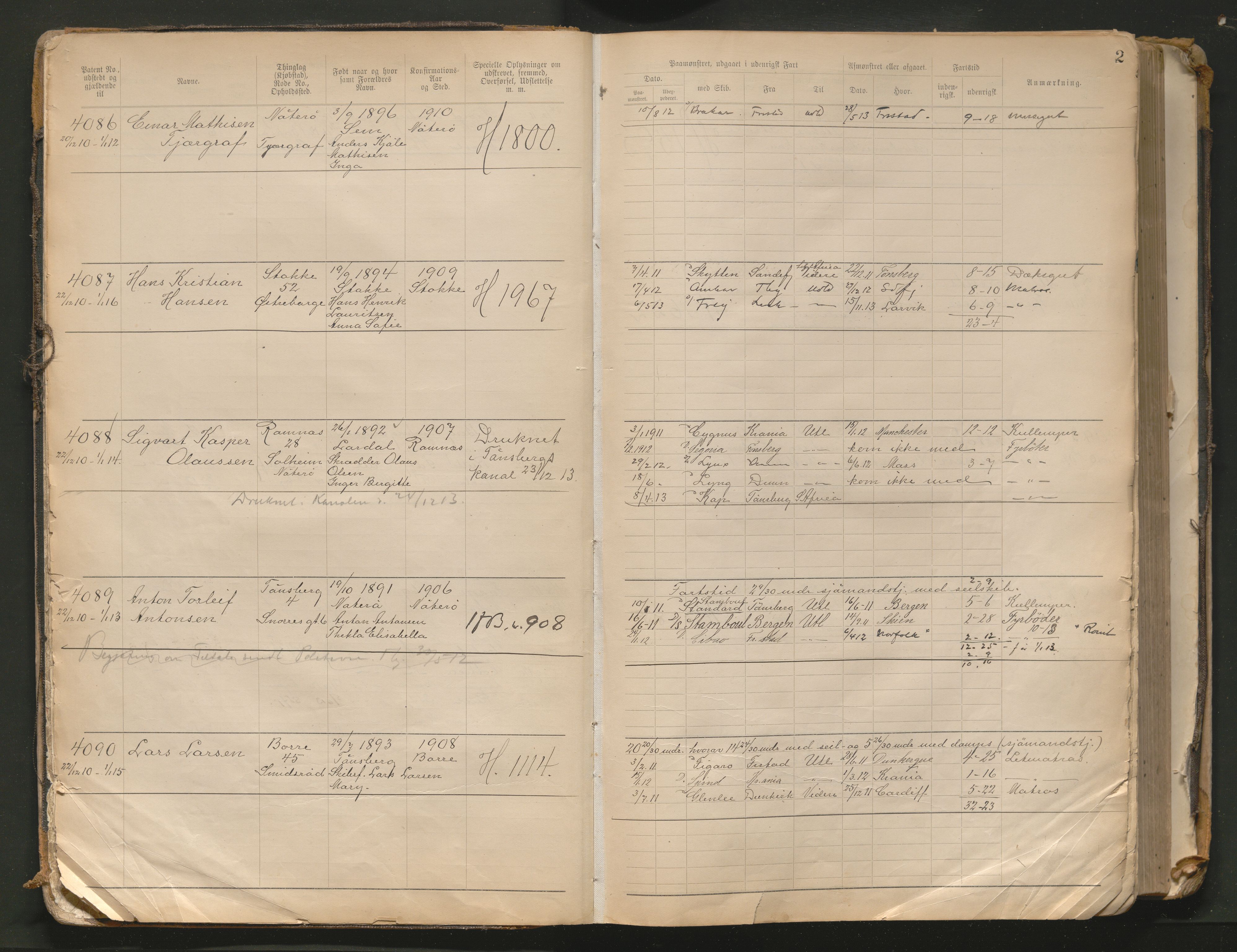 Tønsberg innrulleringskontor, AV/SAKO-A-786/F/Fb/L0010: Annotasjonsrulle Patent nr. 4081-4988, 1911-1948, p. 2