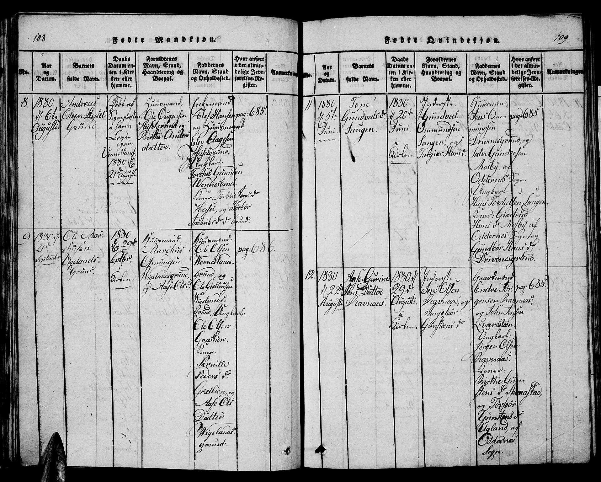 Vennesla sokneprestkontor, AV/SAK-1111-0045/Fb/Fbb/L0001: Parish register (copy) no. B 1, 1820-1834, p. 108-109