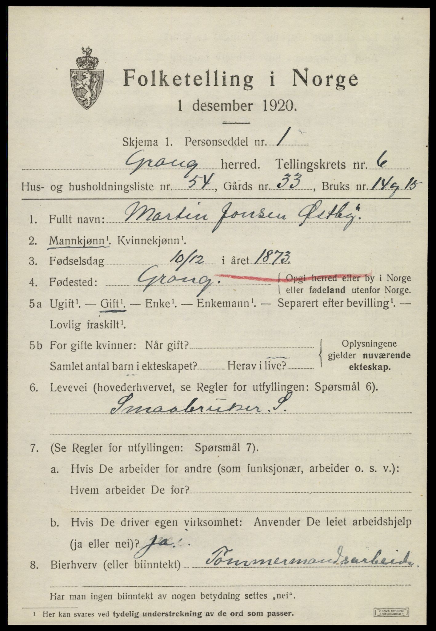 SAT, 1920 census for Grong, 1920, p. 4105
