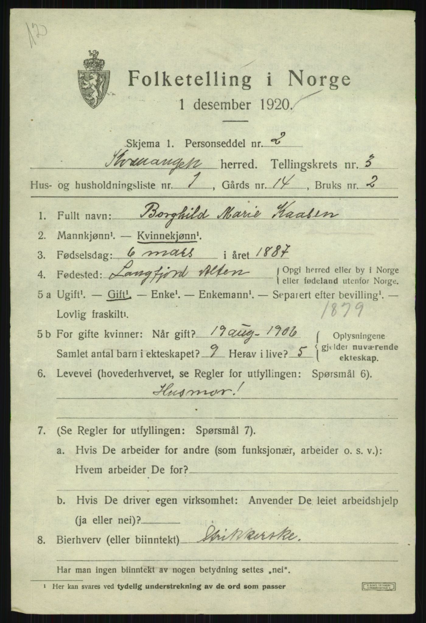 SATØ, 1920 census for Kvænangen, 1920, p. 1756