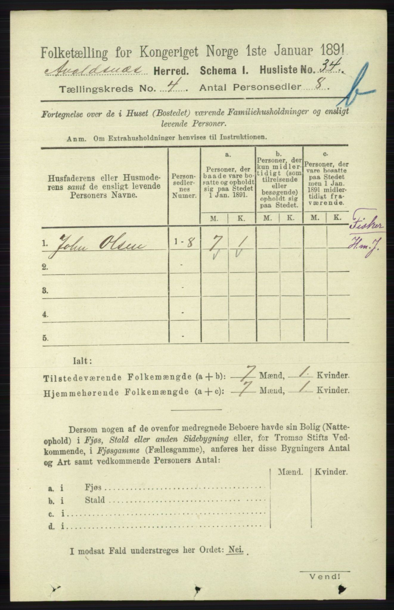 RA, 1891 census for 1147 Avaldsnes, 1891, p. 2819