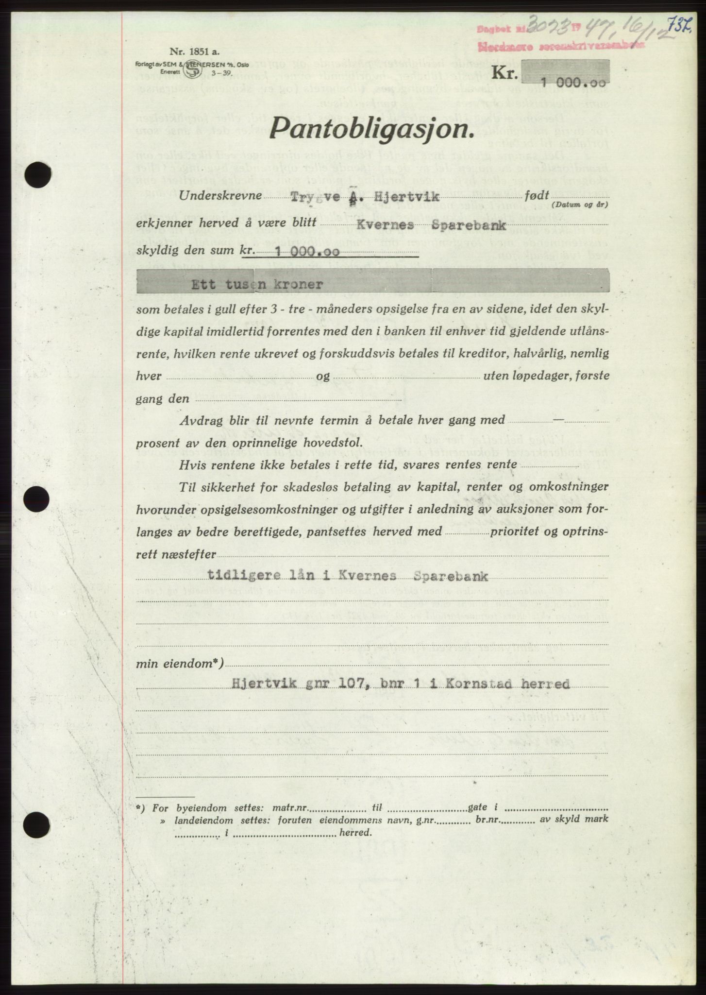 Nordmøre sorenskriveri, AV/SAT-A-4132/1/2/2Ca: Mortgage book no. B97, 1947-1948, Diary no: : 3023/1947