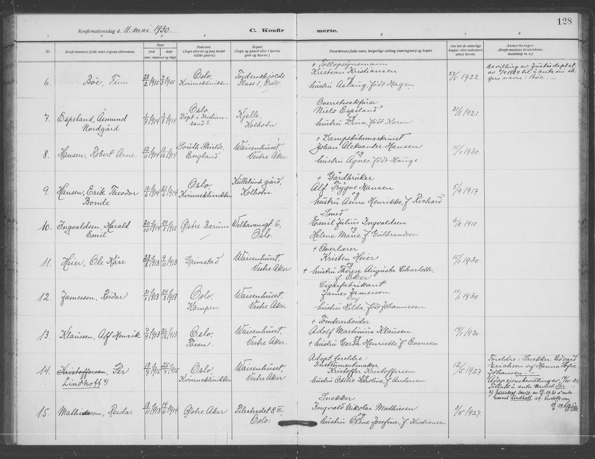 Oslo domkirke Kirkebøker, AV/SAO-A-10752/F/Fa/L0031: Parish register (official) no. 31, 1918-1941, p. 128