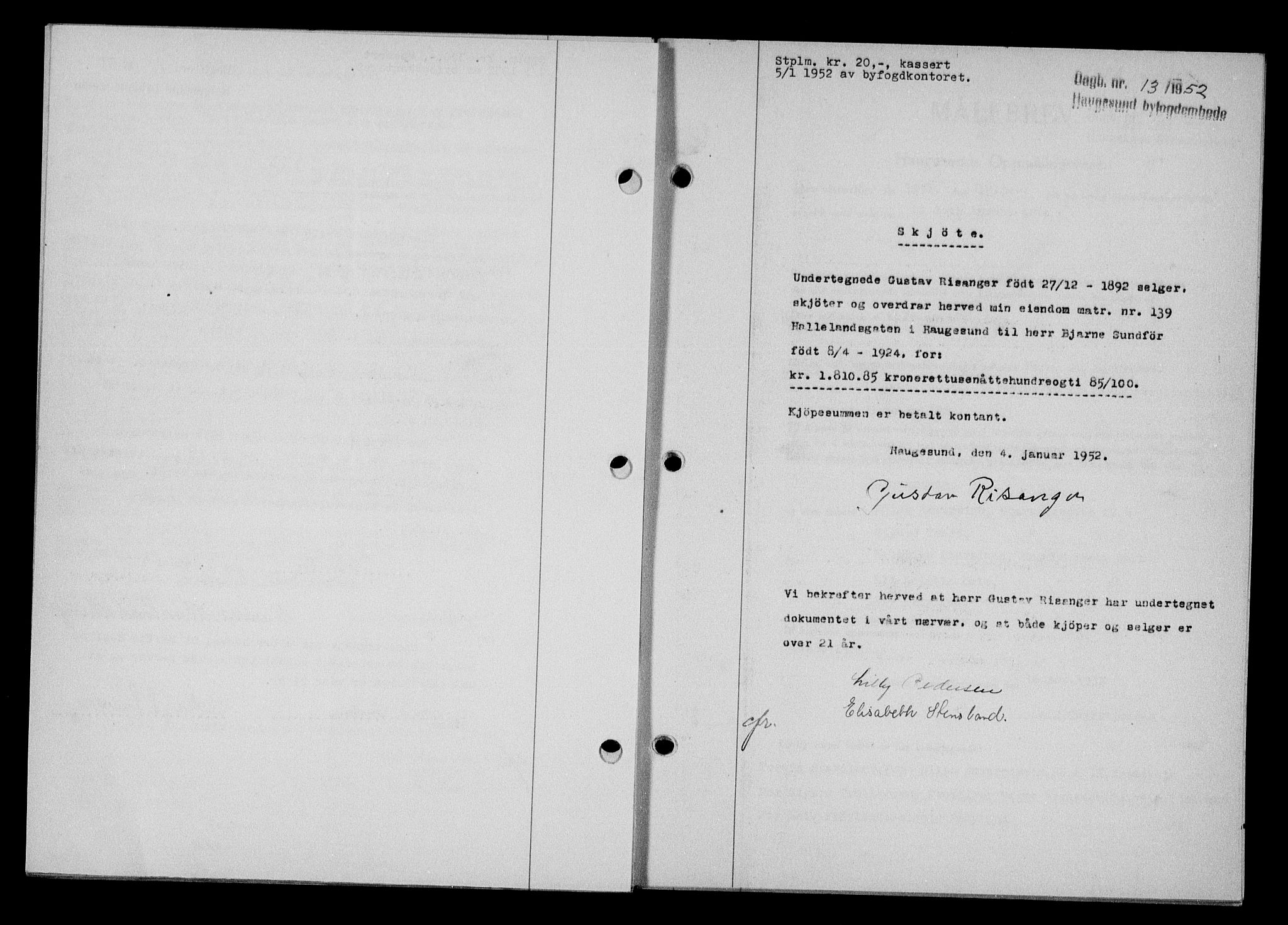 Haugesund tingrett, AV/SAST-A-101415/01/II/IIC/L0065: Mortgage book no. A 6, 1951-1953, Diary no: : 13/1952