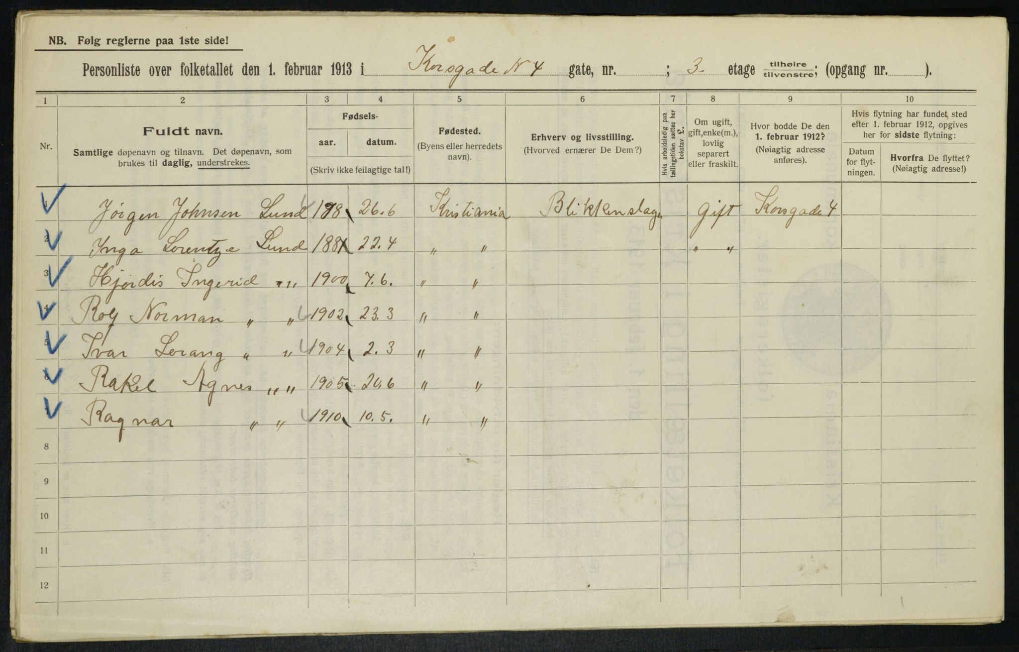 OBA, Municipal Census 1913 for Kristiania, 1913, p. 53143