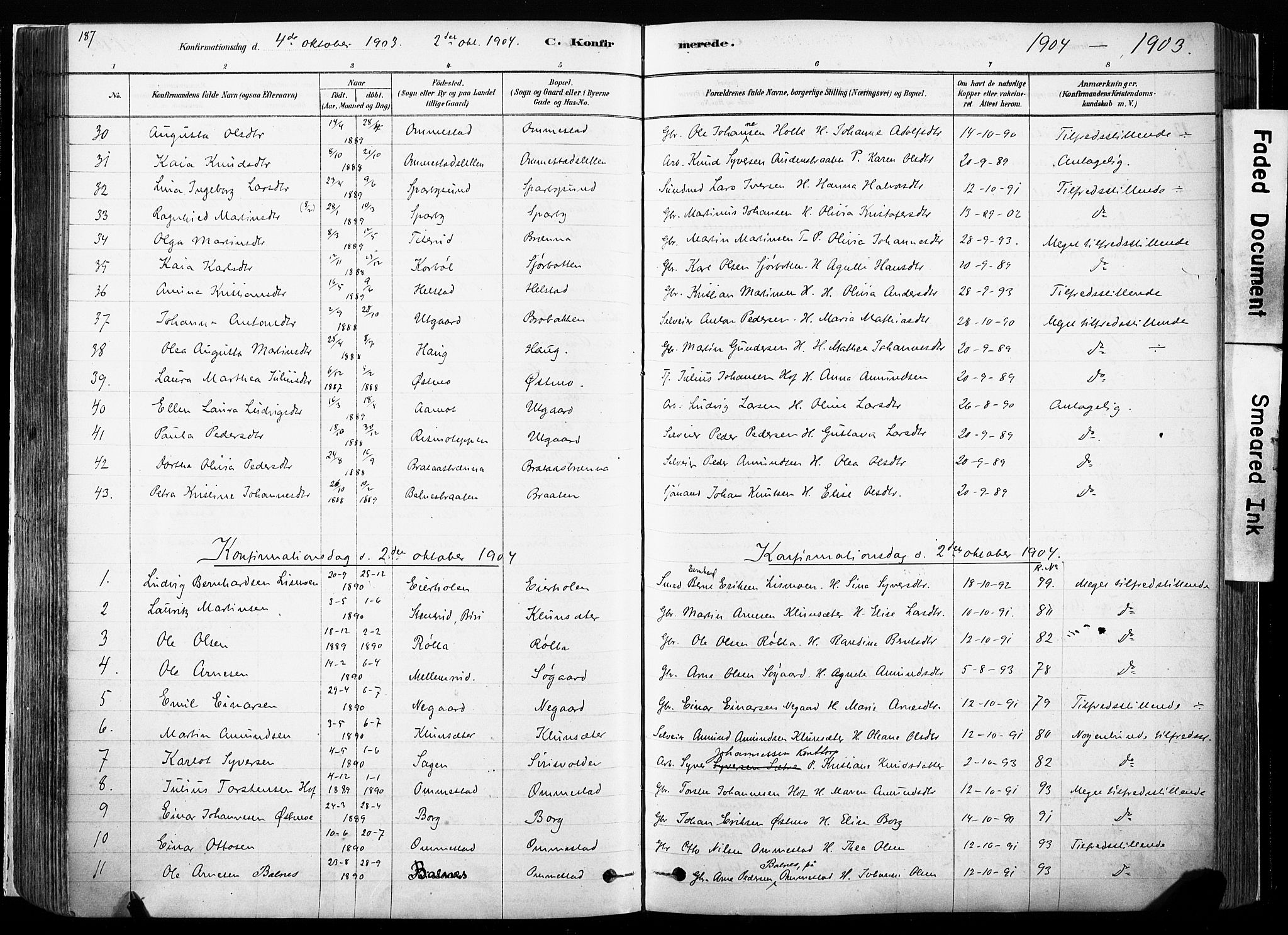 Hof prestekontor, SAH/PREST-038/H/Ha/Haa/L0010: Parish register (official) no. 10, 1878-1909, p. 187
