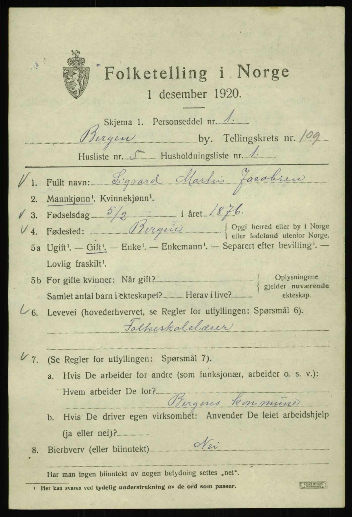 SAB, 1920 census for Bergen, 1920, p. 188113