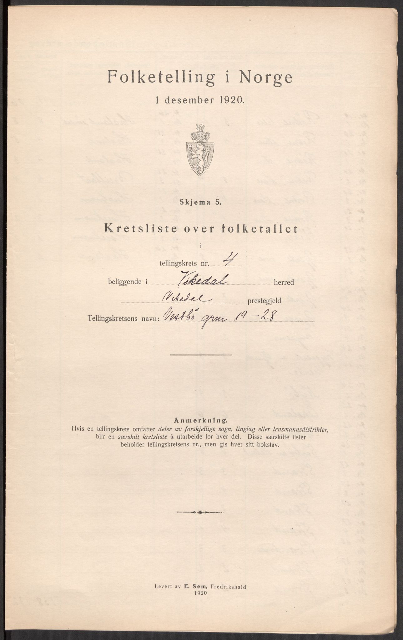 SAST, 1920 census for Vikedal, 1920, p. 81