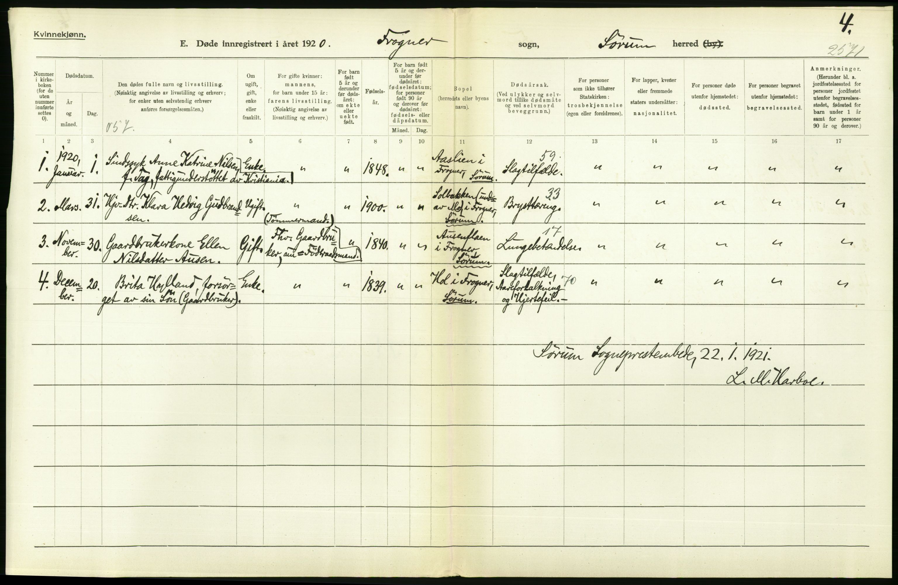 Statistisk sentralbyrå, Sosiodemografiske emner, Befolkning, AV/RA-S-2228/D/Df/Dfb/Dfbj/L0007: Akershus fylke: Døde. Bygder og byer., 1920, p. 410