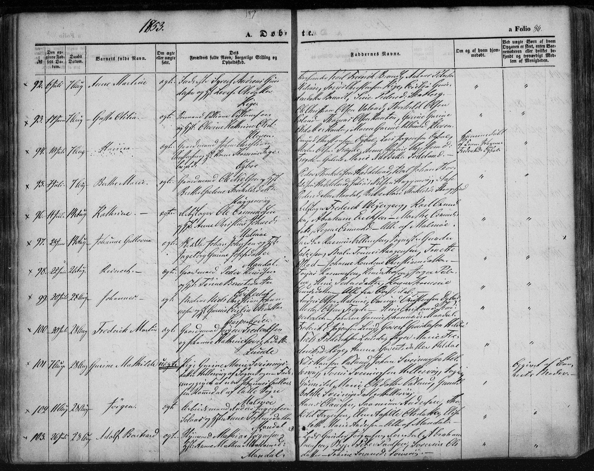 Mandal sokneprestkontor, SAK/1111-0030/F/Fa/Faa/L0013: Parish register (official) no. A 13, 1847-1859, p. 86