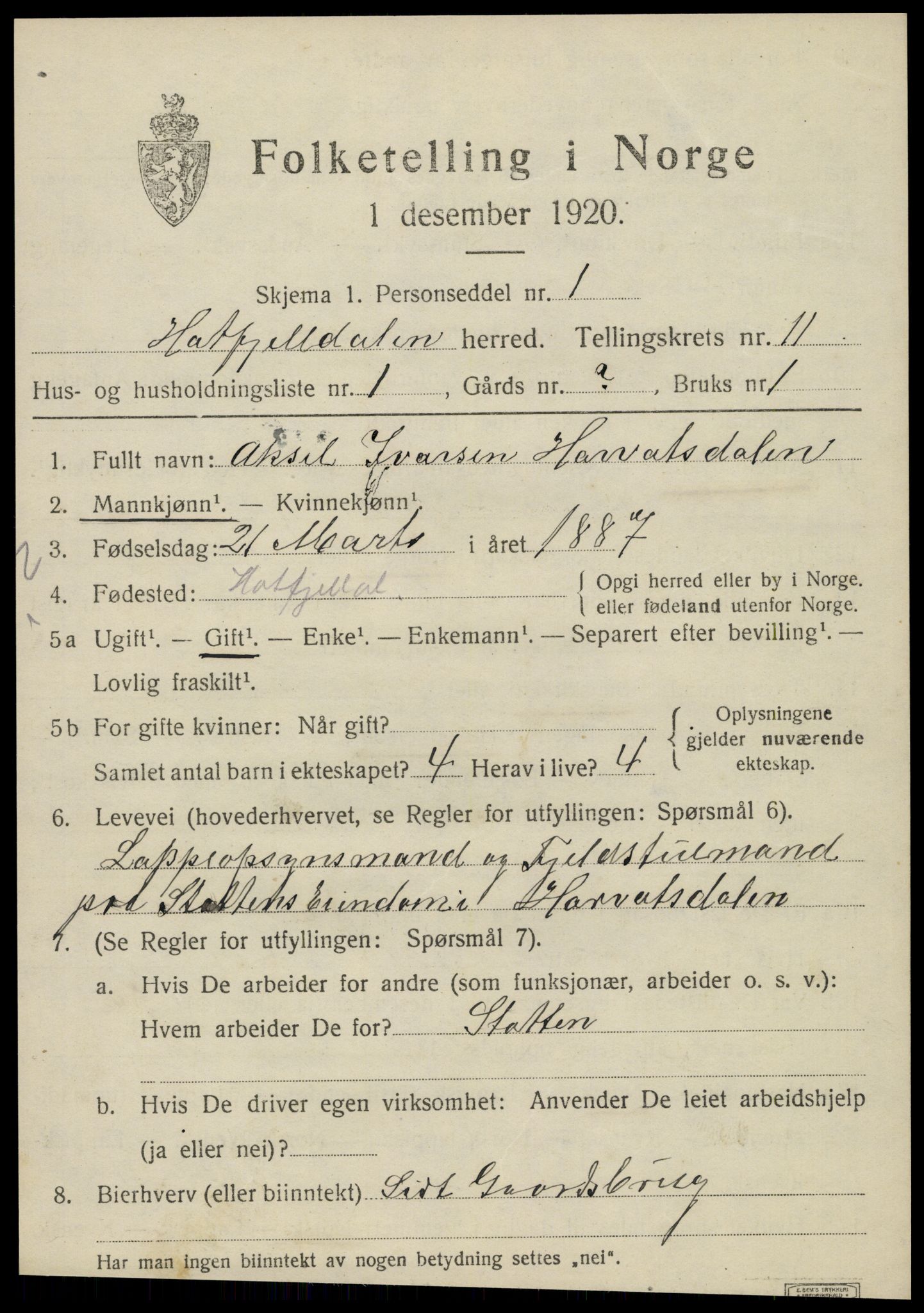 SAT, 1920 census for Hattfjelldal, 1920, p. 2508