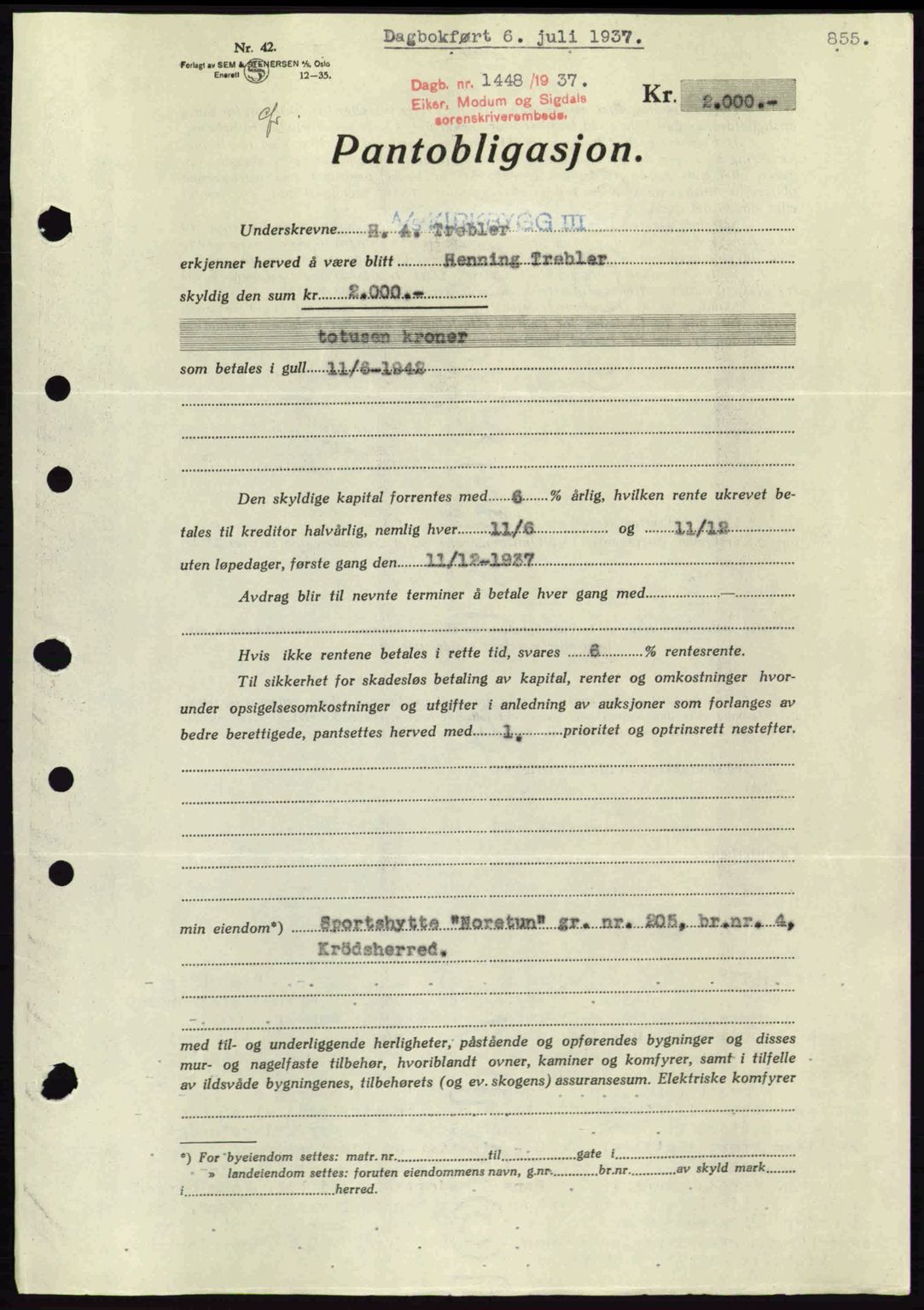 Eiker, Modum og Sigdal sorenskriveri, SAKO/A-123/G/Ga/Gab/L0035: Mortgage book no. A5, 1937-1937, Diary no: : 1448/1937