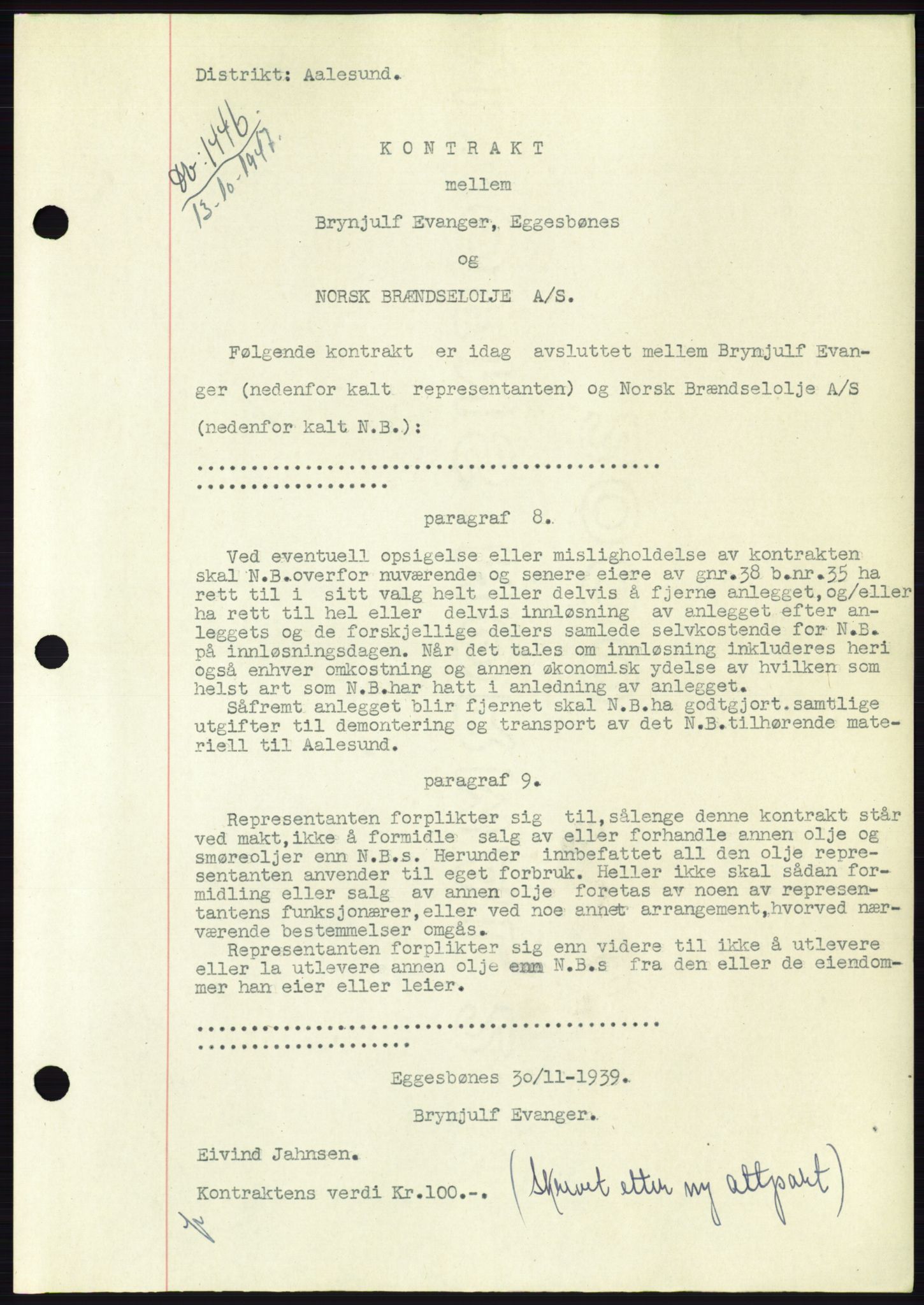 Søre Sunnmøre sorenskriveri, AV/SAT-A-4122/1/2/2C/L0115: Mortgage book no. 3B, 1947-1948, Diary no: : 1446/1947