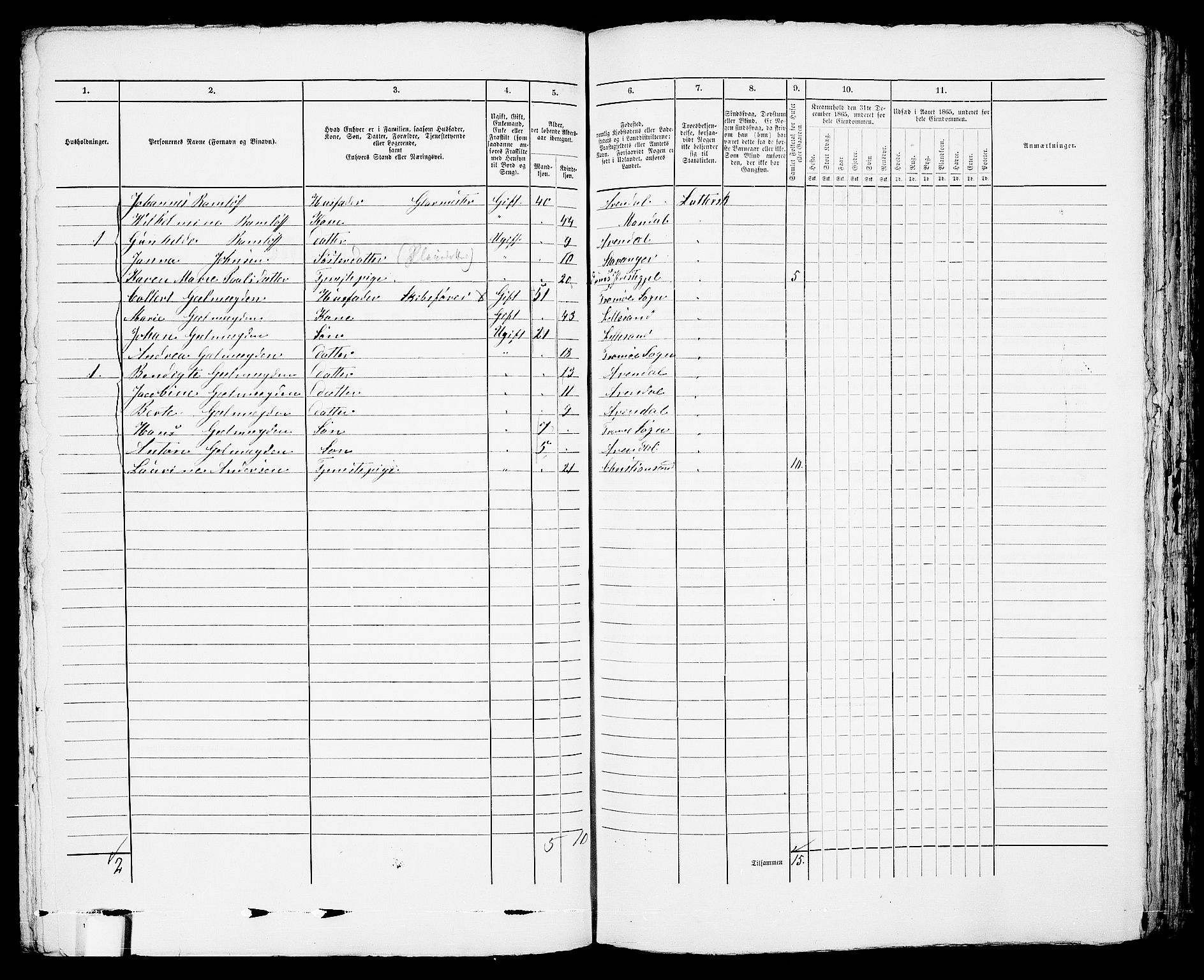 RA, 1865 census for Arendal, 1865, p. 174