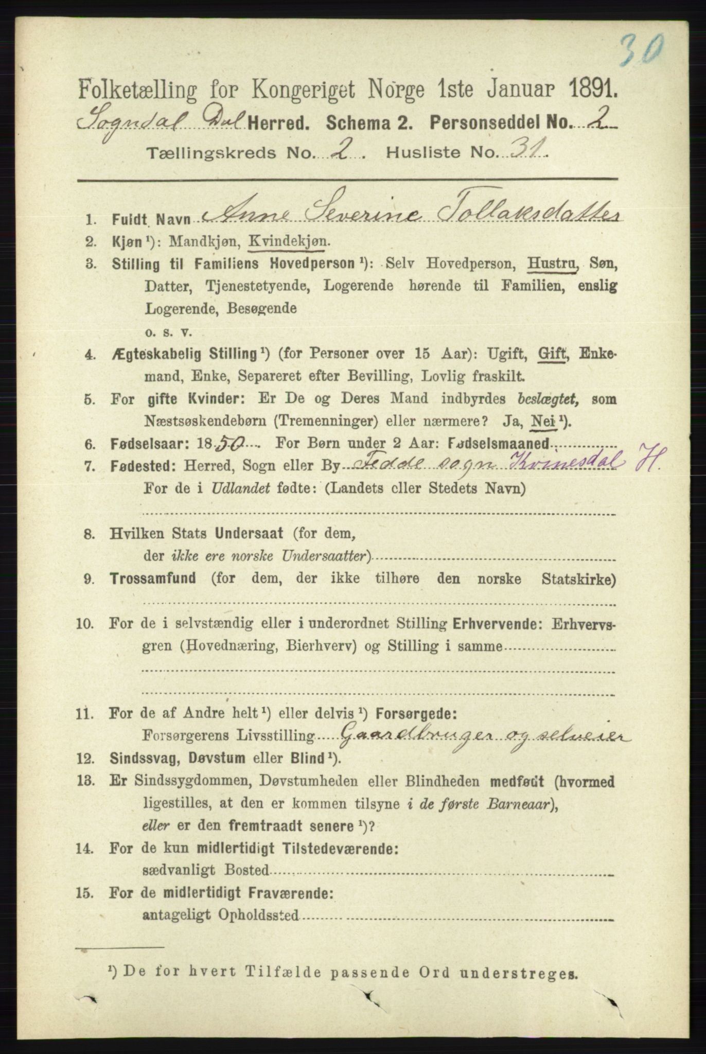 RA, 1891 census for 1111 Sokndal, 1891, p. 658