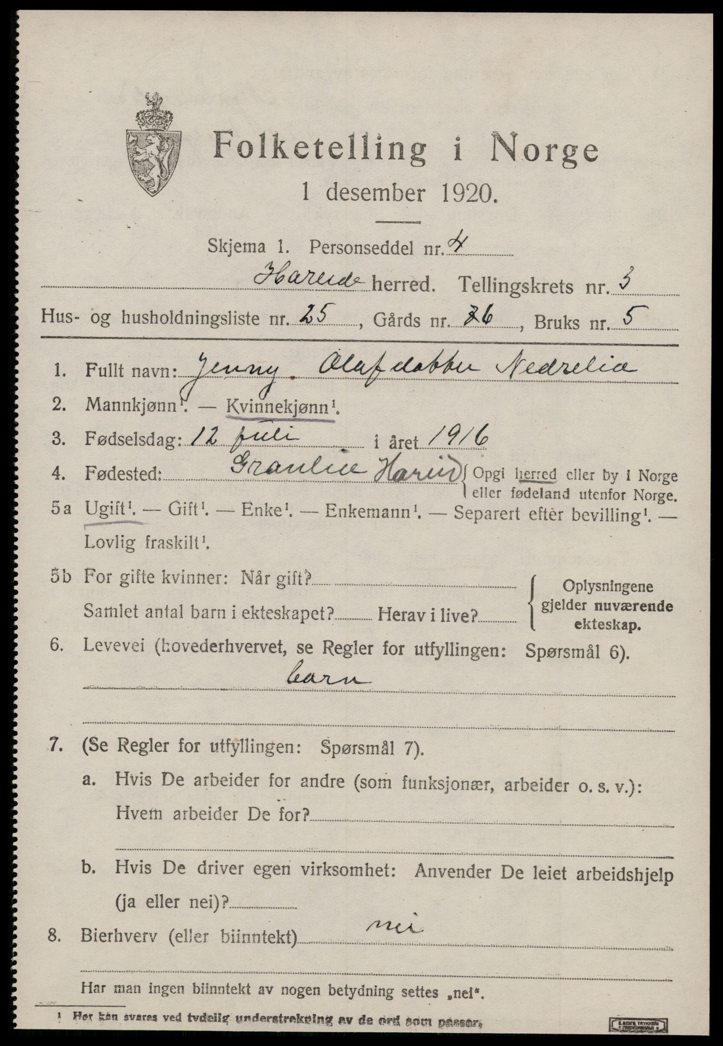 SAT, 1920 census for Hareid, 1920, p. 1675