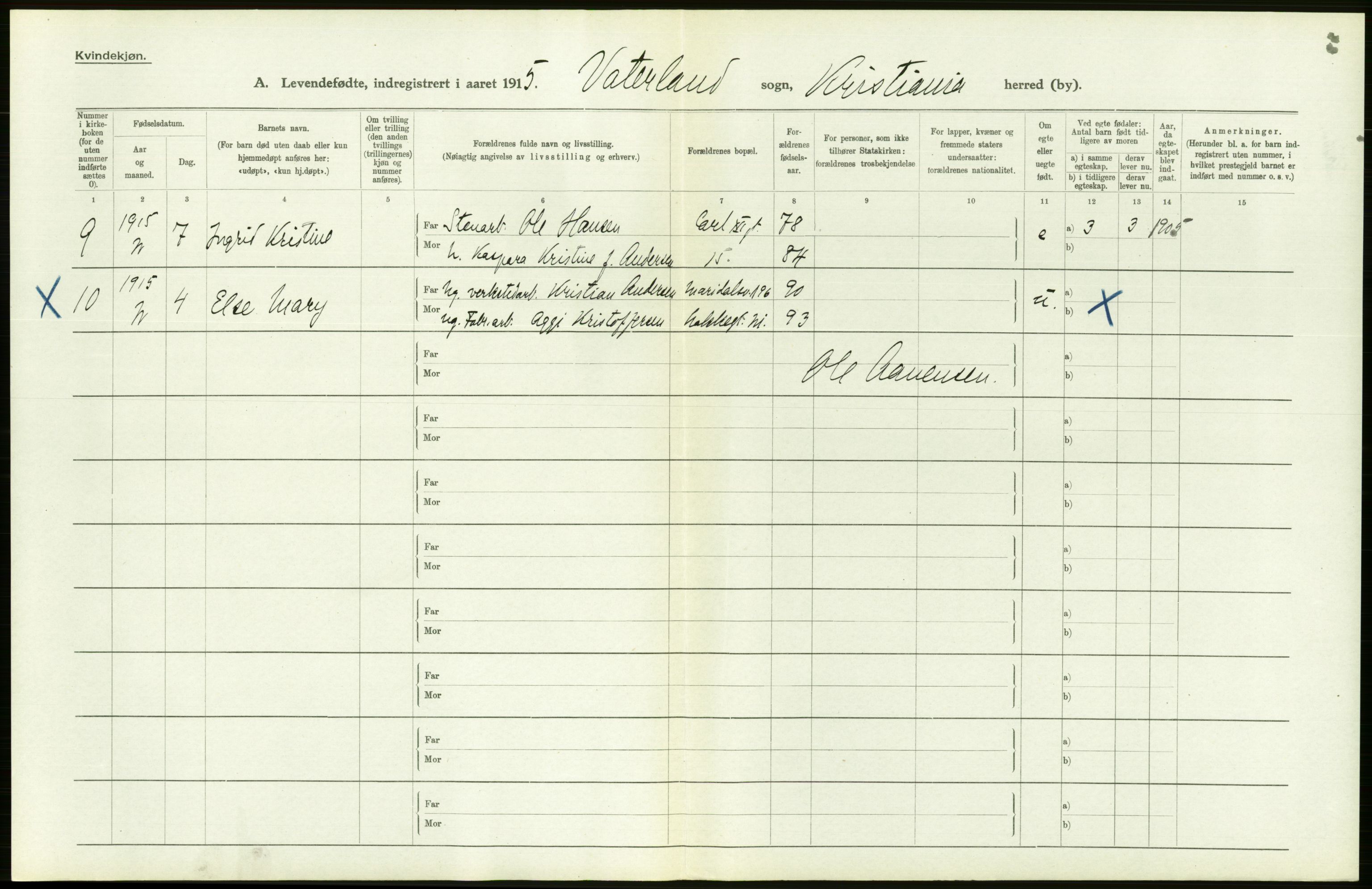 Statistisk sentralbyrå, Sosiodemografiske emner, Befolkning, AV/RA-S-2228/D/Df/Dfb/Dfbe/L0006: Kristiania: Levendefødte menn og kvinner., 1915, p. 340