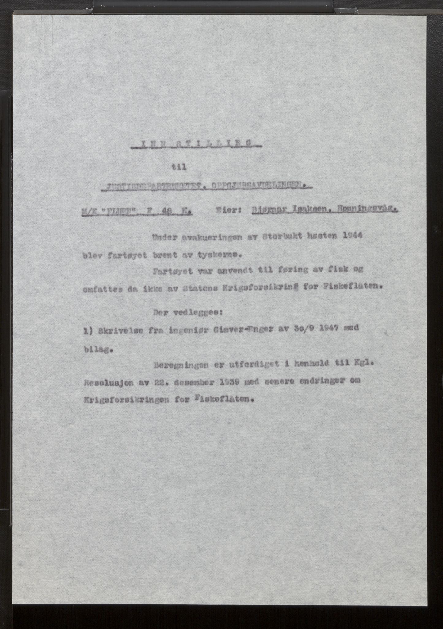 Fiskeridirektoratet - 1 Adm. ledelse - 13 Båtkontoret, SAB/A-2003/La/L0033: Statens krigsforsikring for fiskeflåten, 1936-1971, p. 428