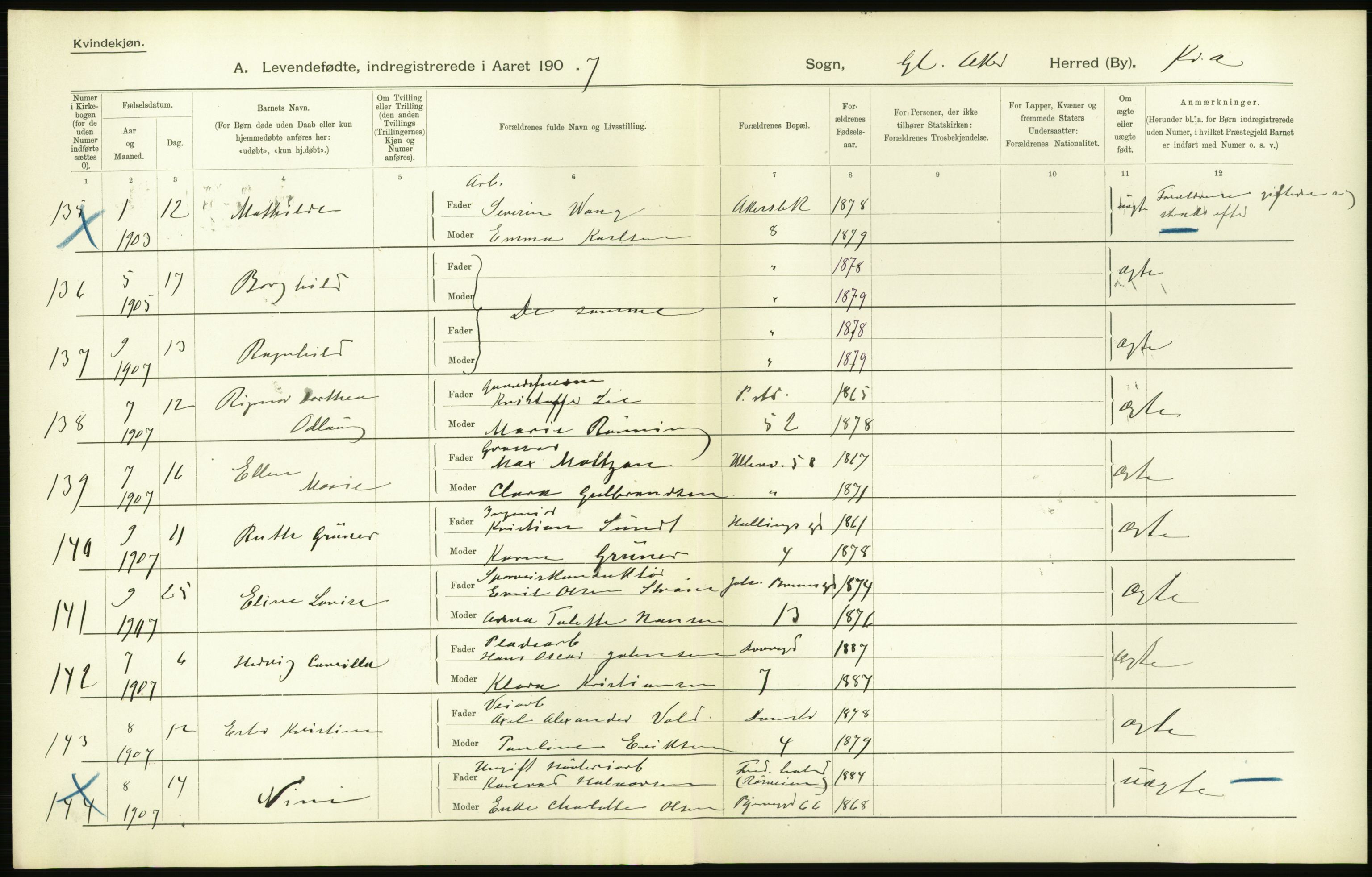 Statistisk sentralbyrå, Sosiodemografiske emner, Befolkning, AV/RA-S-2228/D/Df/Dfa/Dfae/L0006: Kristiania: Levendefødte menn og kvinner., 1907, p. 56