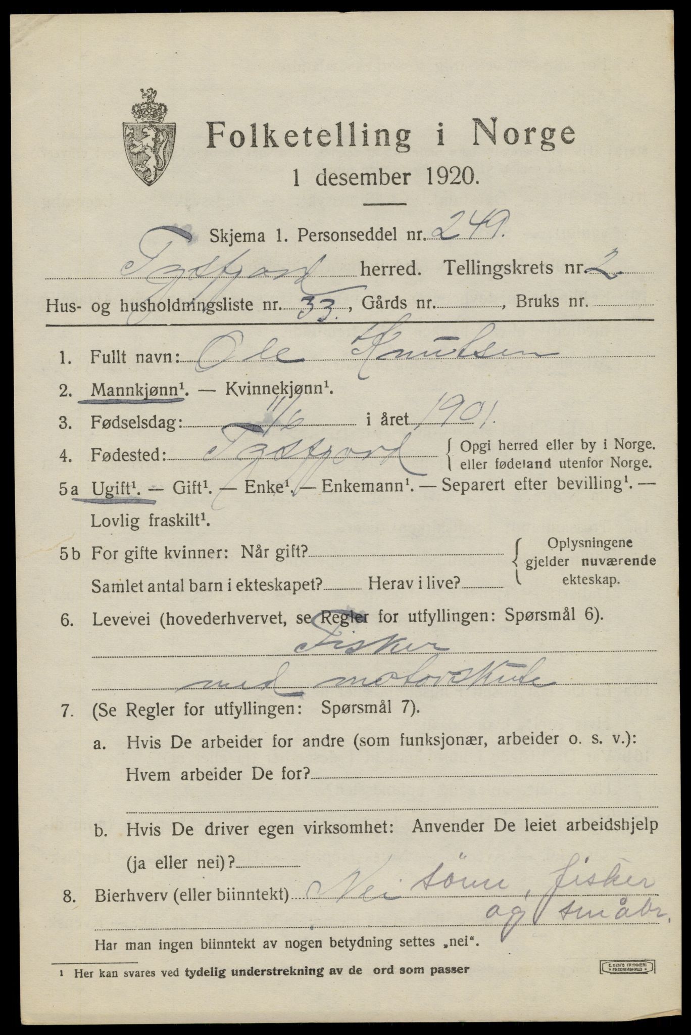 SAT, 1920 census for Tysfjord, 1920, p. 1725