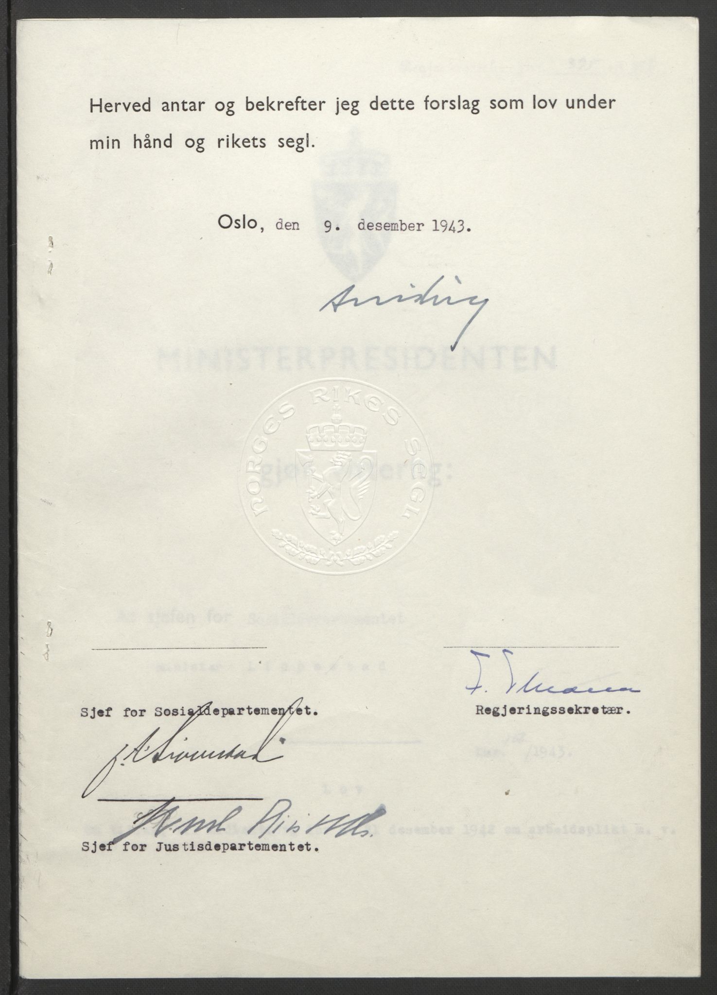 NS-administrasjonen 1940-1945 (Statsrådsekretariatet, de kommisariske statsråder mm), RA/S-4279/D/Db/L0099: Lover, 1943, p. 752