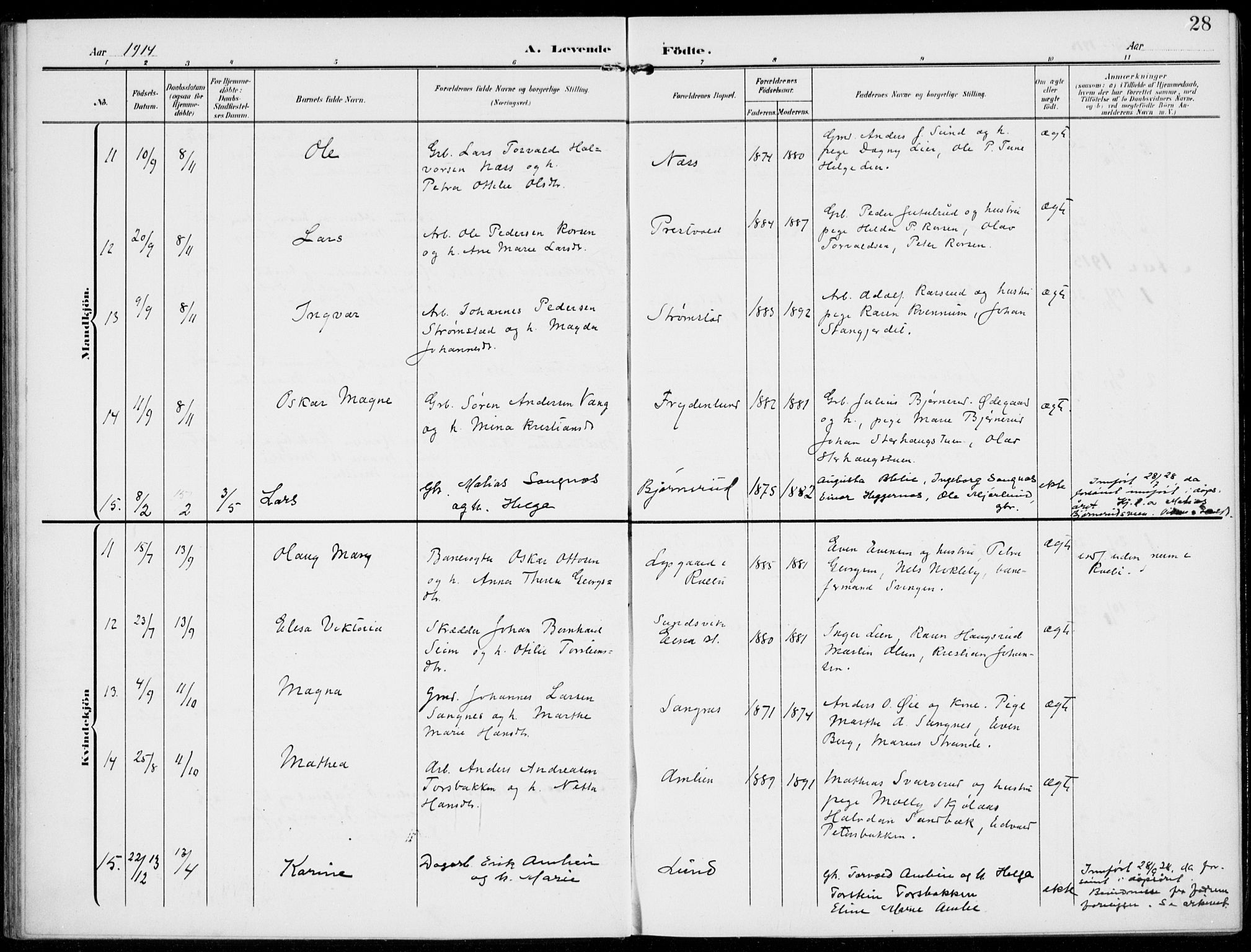 Kolbu prestekontor, SAH/PREST-110/H/Ha/Haa/L0001: Parish register (official) no. 1, 1907-1923, p. 28