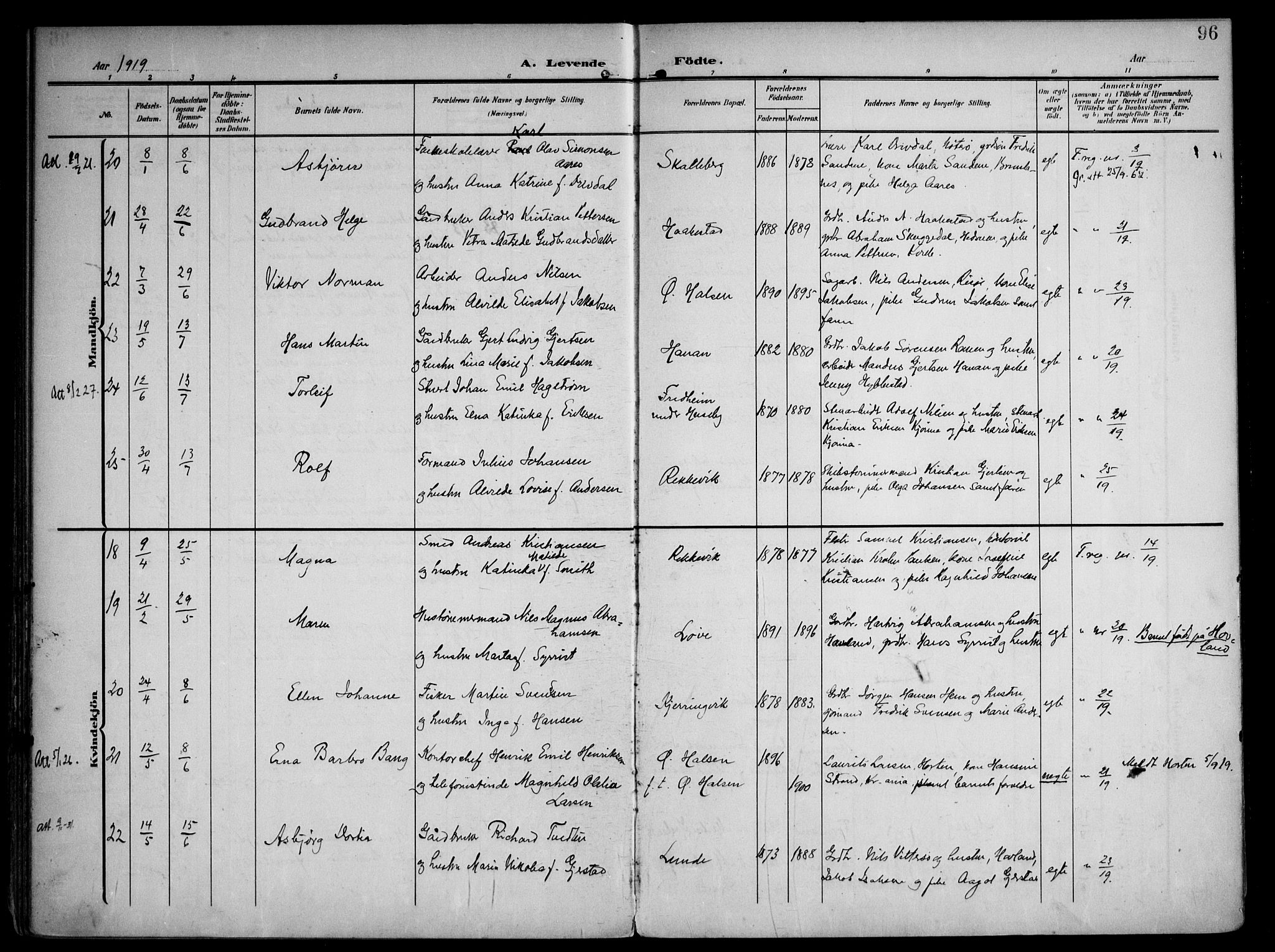 Tjølling kirkebøker, AV/SAKO-A-60/F/Fa/L0010: Parish register (official) no. 10, 1906-1923, p. 96